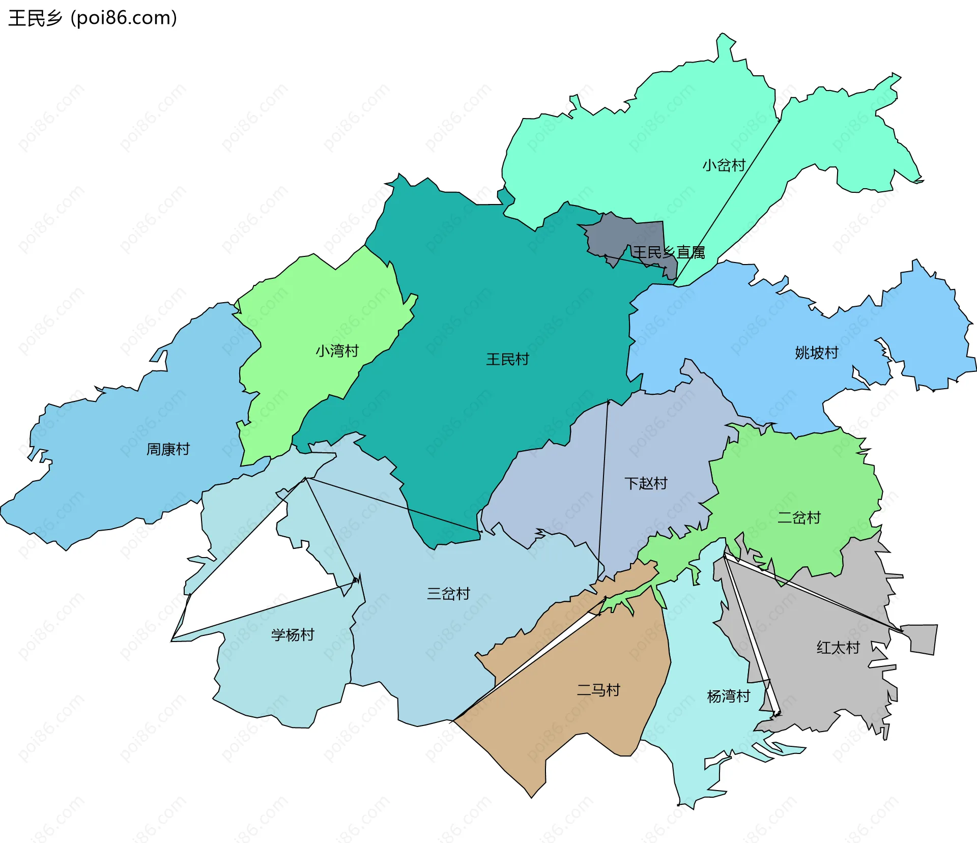 王民乡边界地图(五级行政区划)