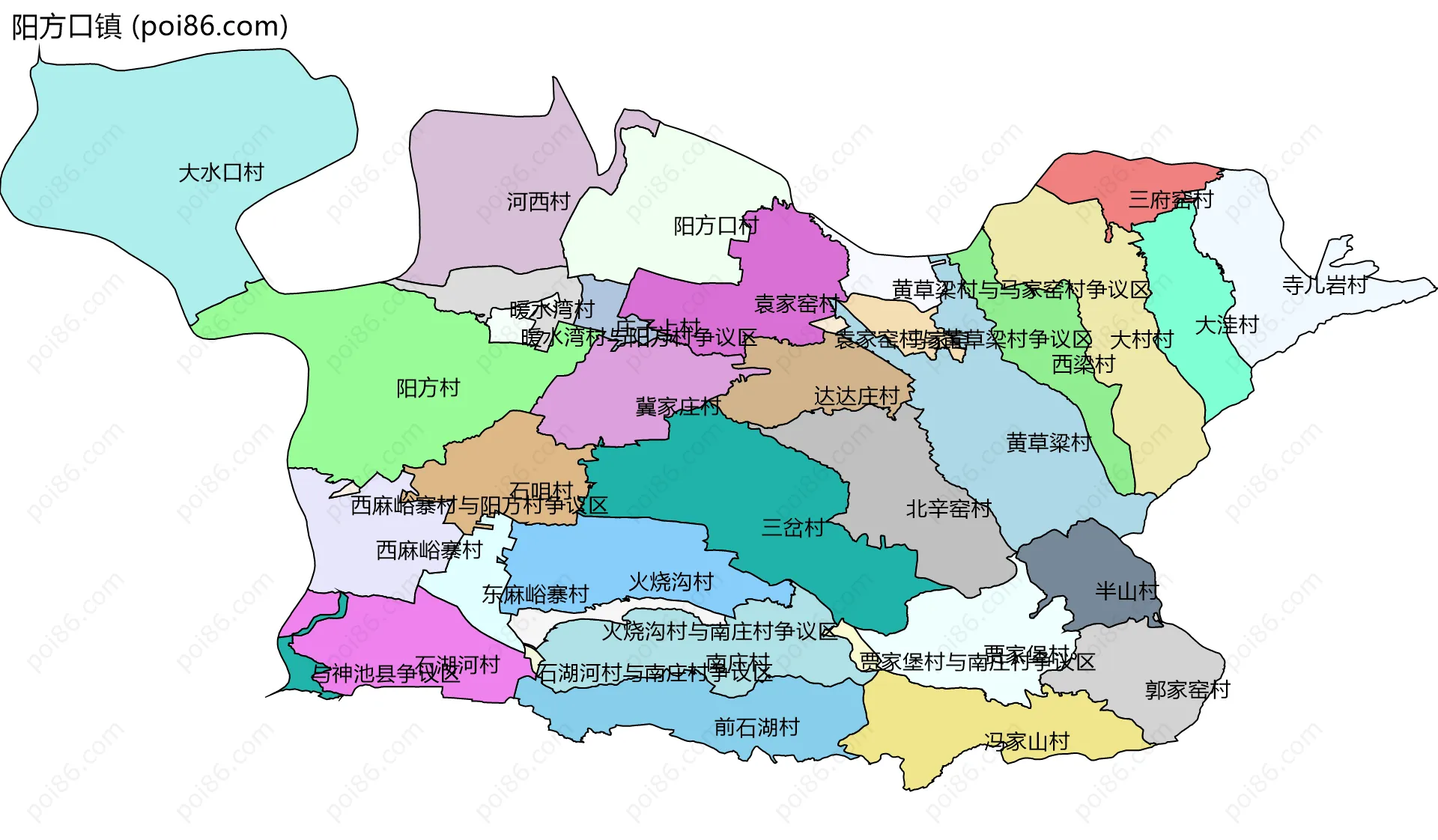 阳方口镇边界地图(五级行政区划)