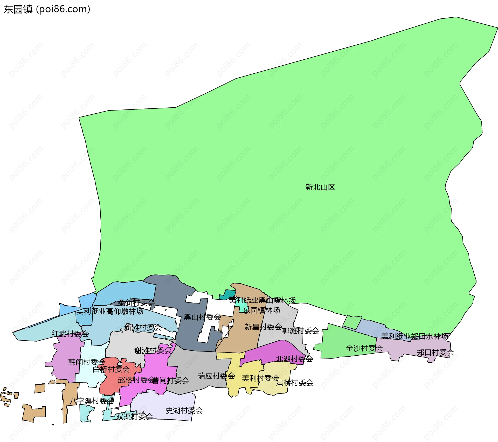 东园镇边界地图(五级行政区划)