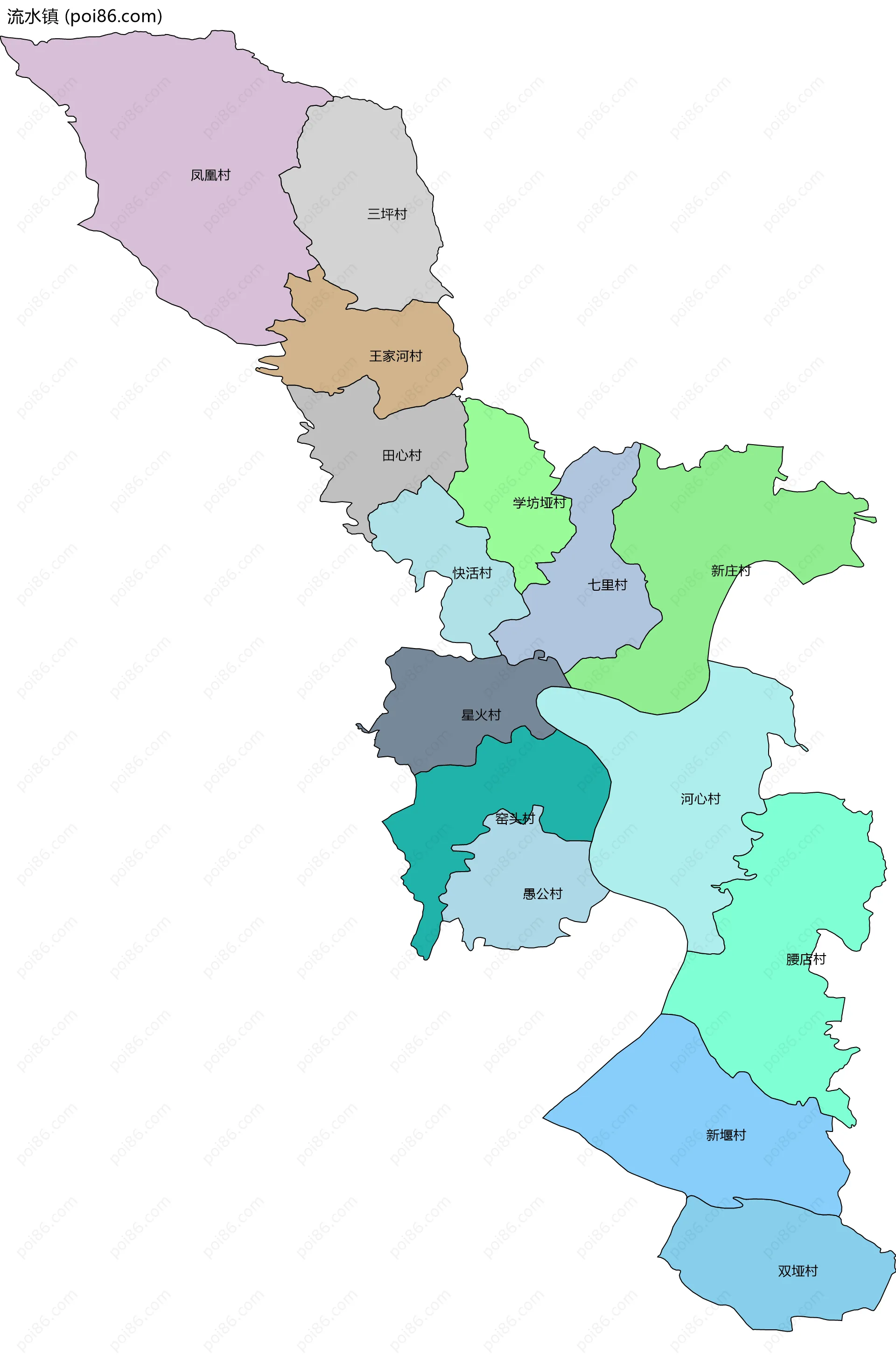 流水镇边界地图(五级行政区划)