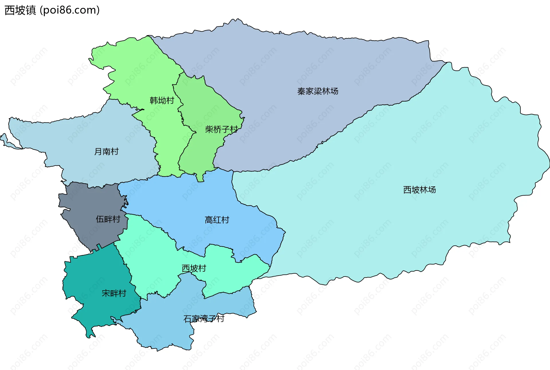 西坡镇边界地图(五级行政区划)