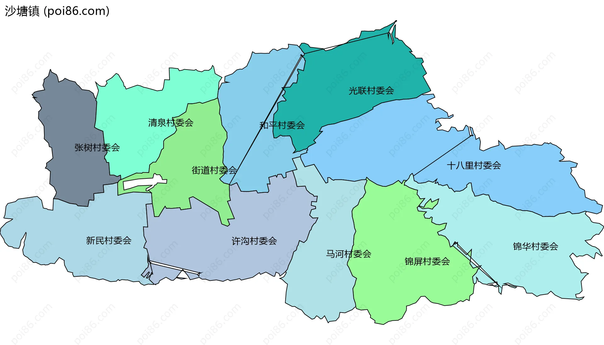 沙塘镇边界地图(五级行政区划)
