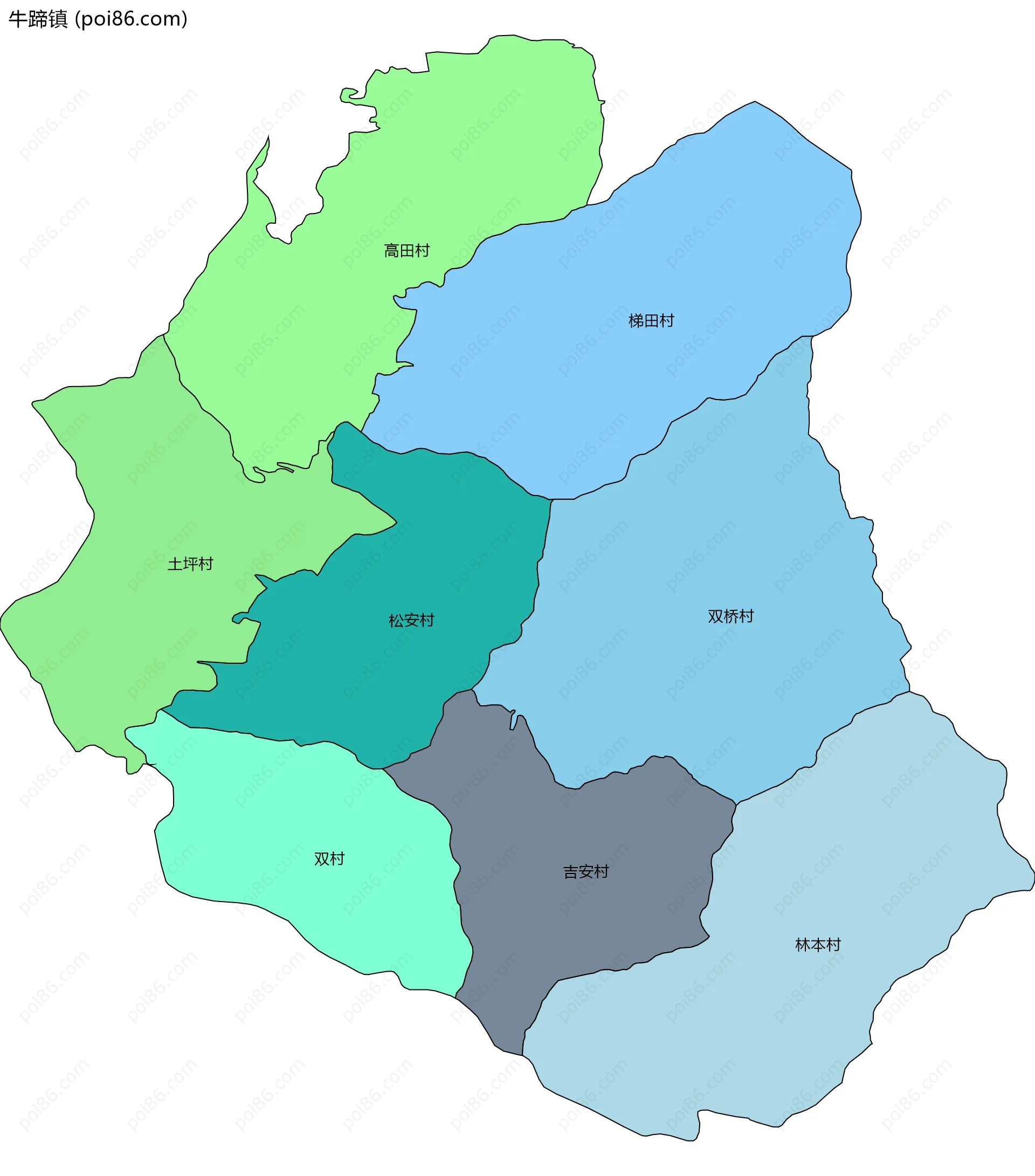 牛蹄镇边界地图(五级行政区划)