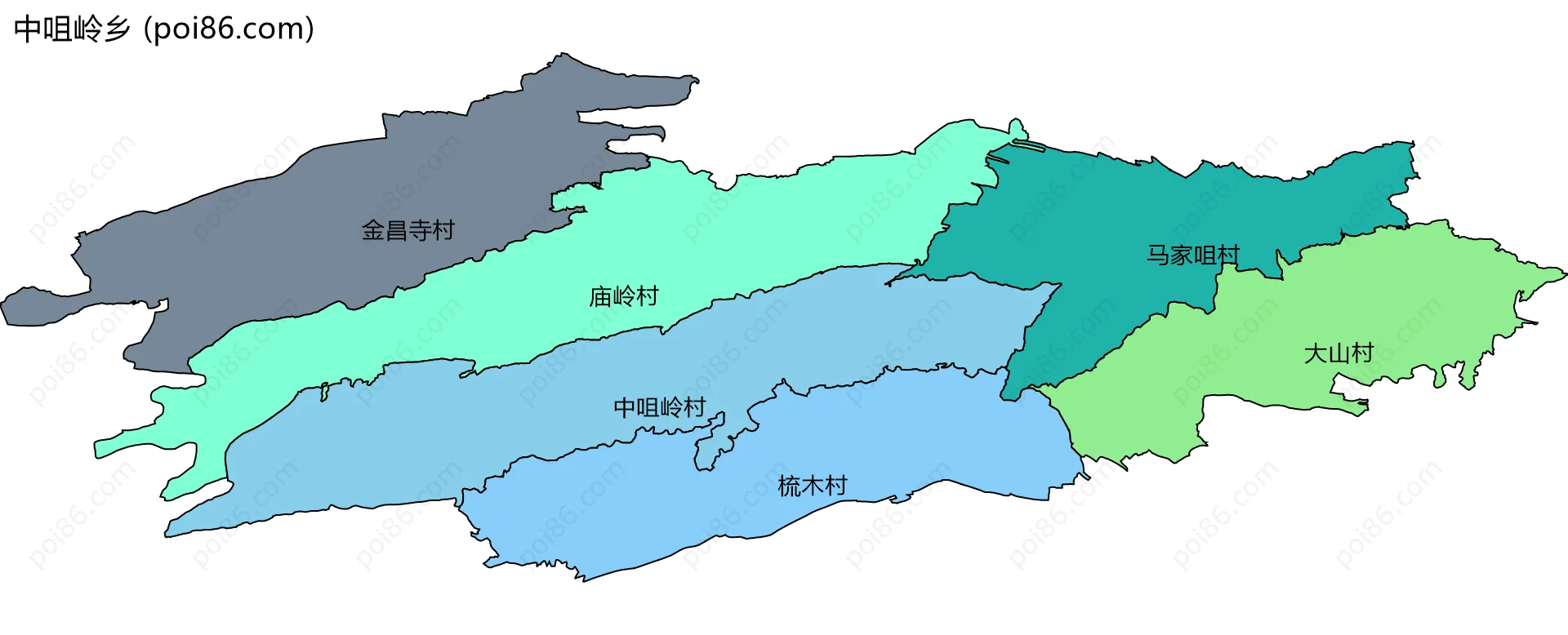 中咀岭乡边界地图(五级行政区划)