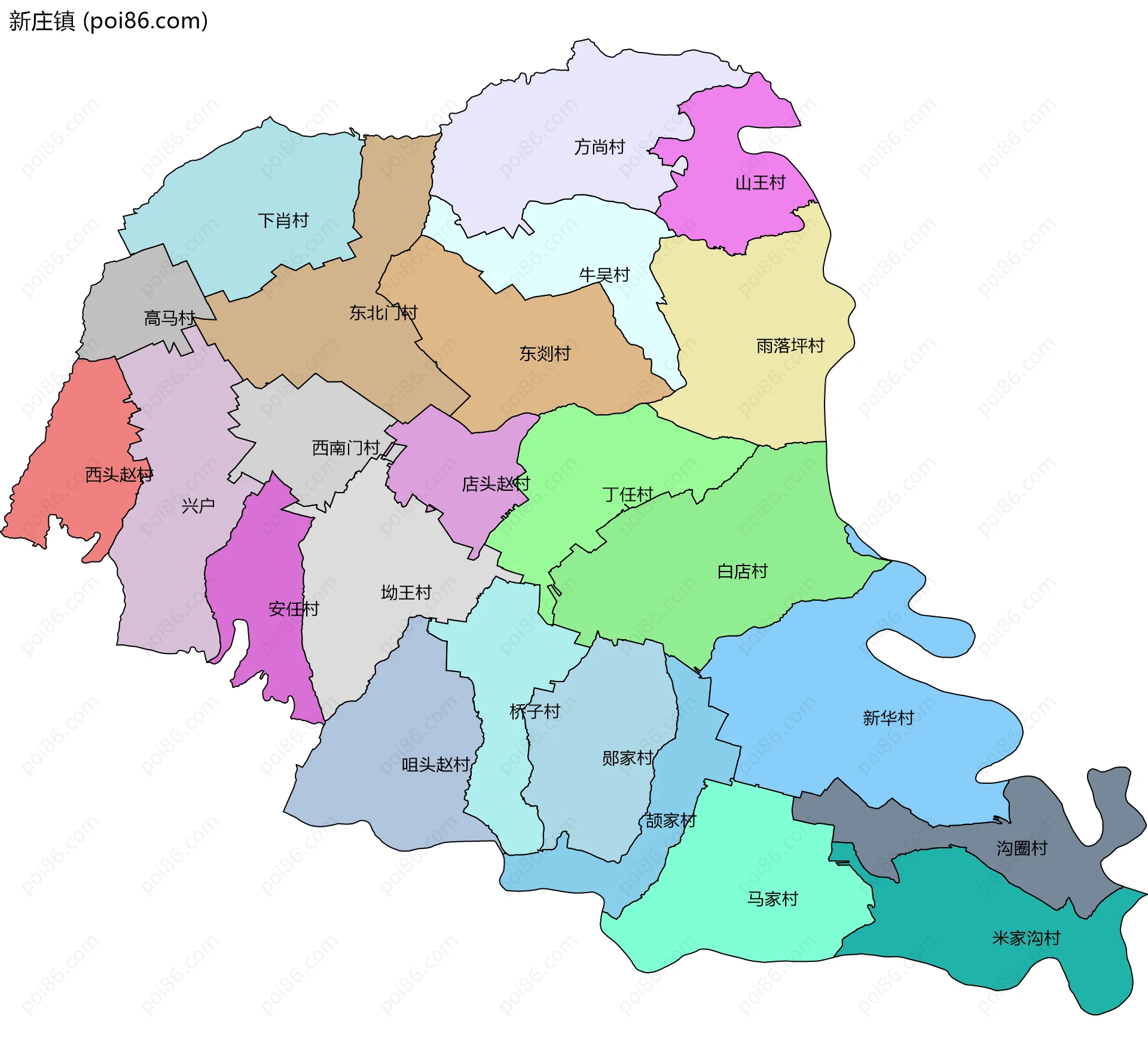 新庄镇边界地图(五级行政区划)
