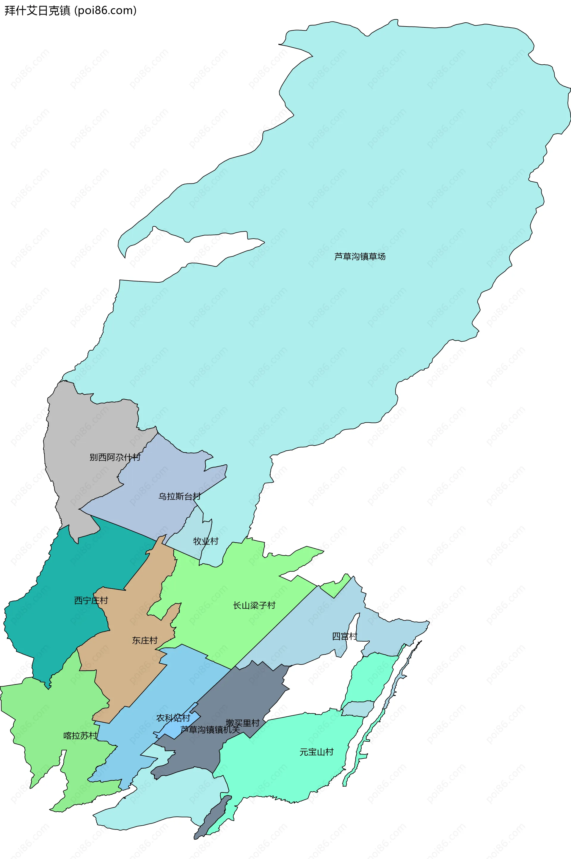 拜什艾日克镇边界地图(五级行政区划)