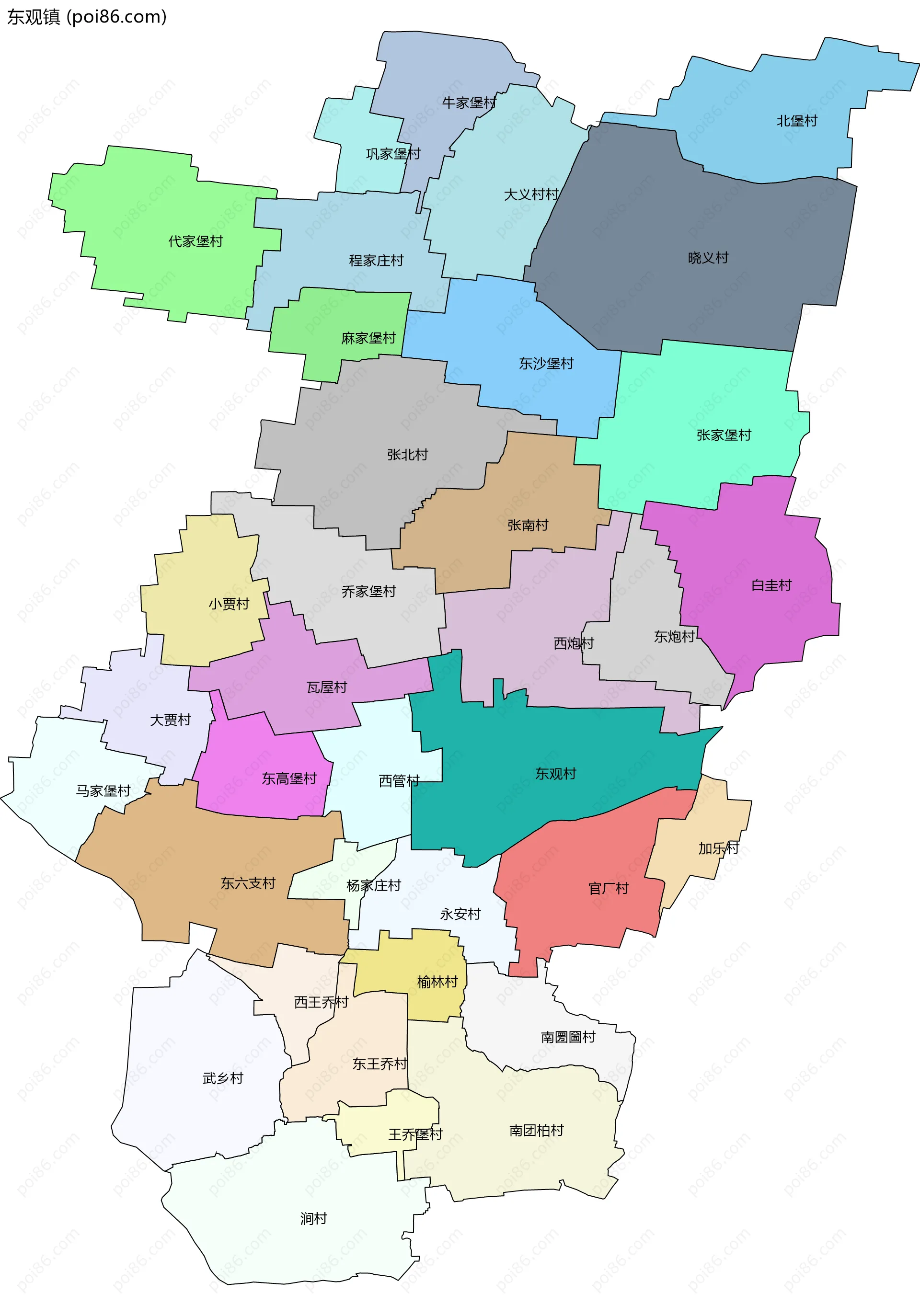 东观镇边界地图(五级行政区划)