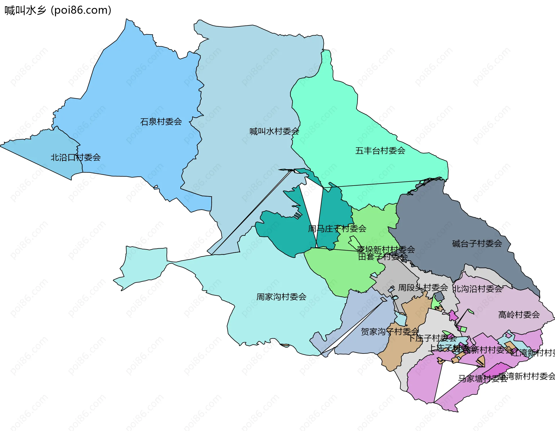 喊叫水乡边界地图(五级行政区划)