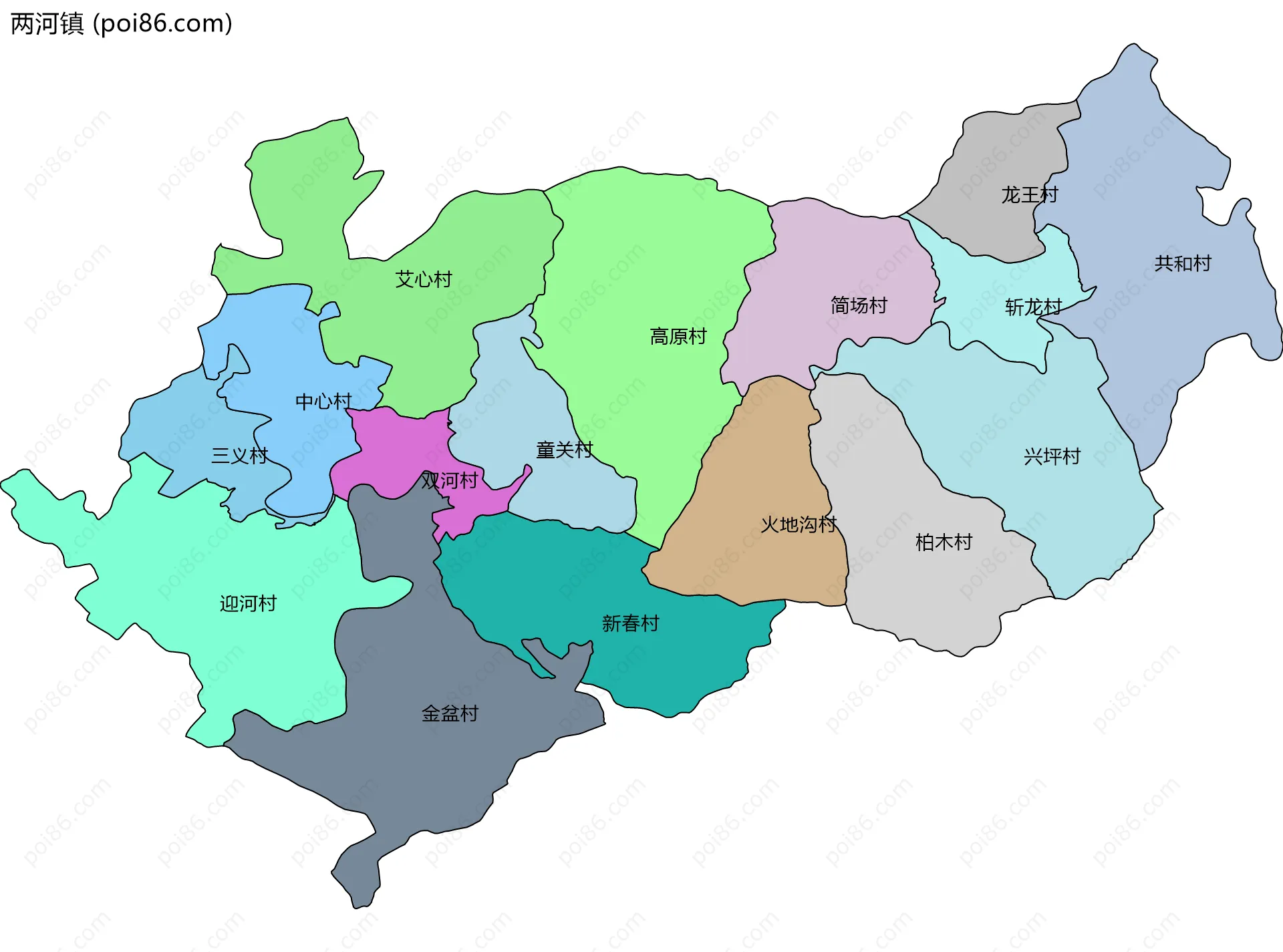 两河镇边界地图(五级行政区划)