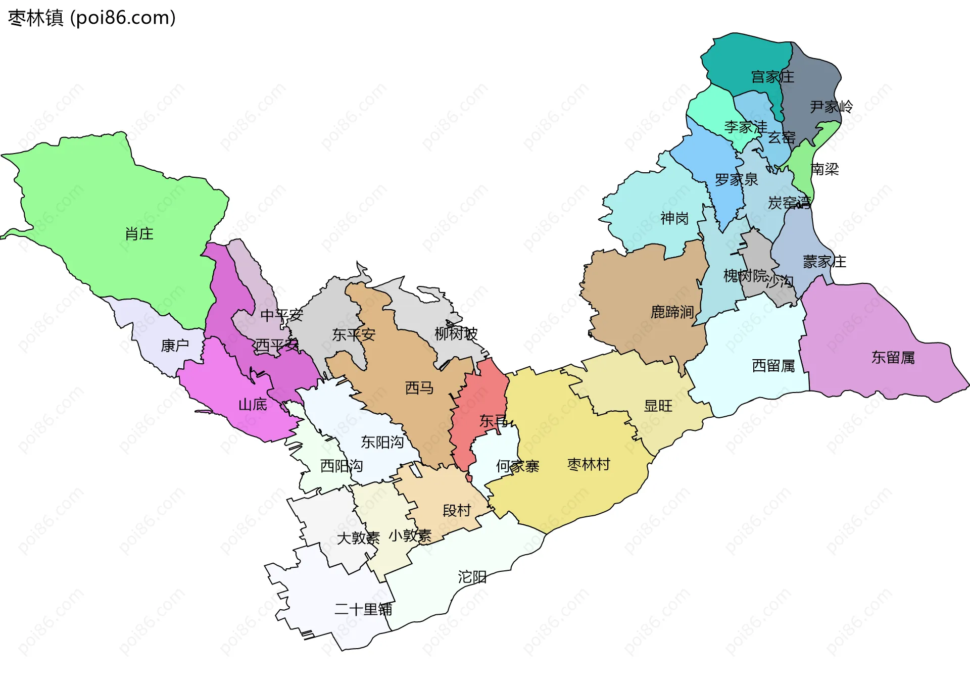 枣林镇边界地图(五级行政区划)