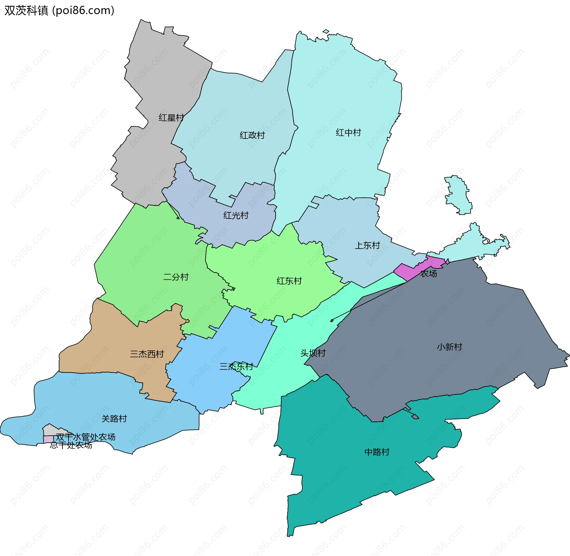 双茨科镇边界地图(五级行政区划)