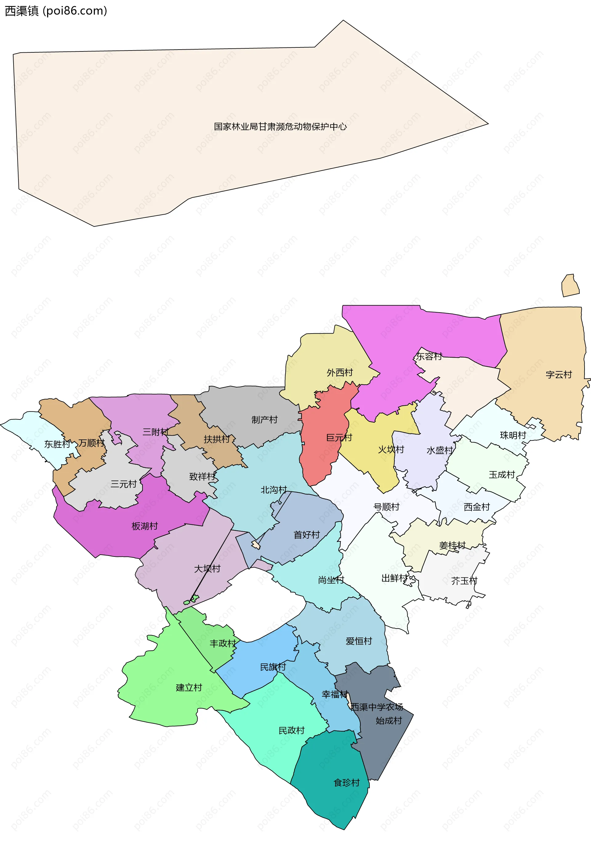 西渠镇边界地图(五级行政区划)