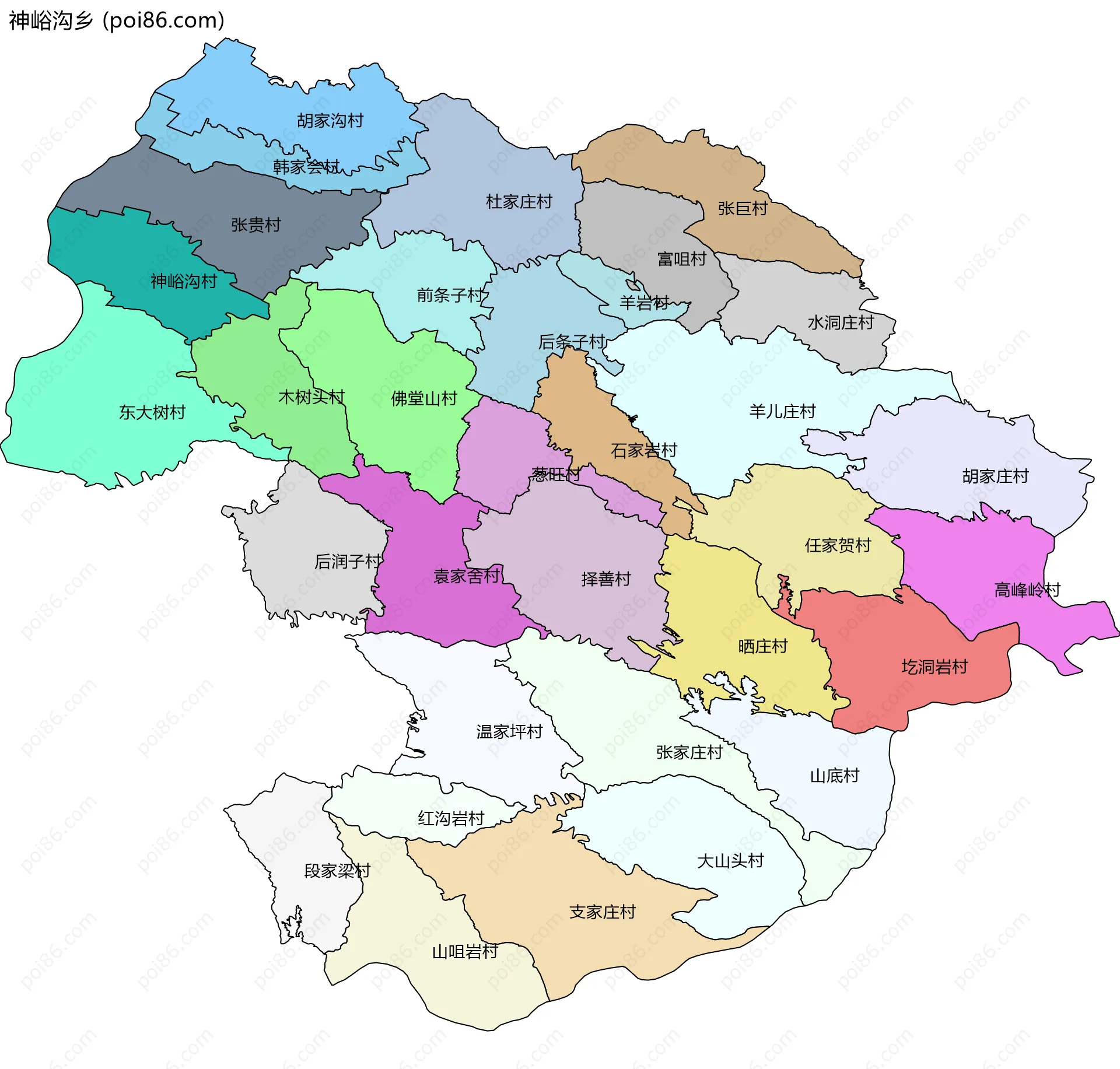 神峪沟乡边界地图(五级行政区划)