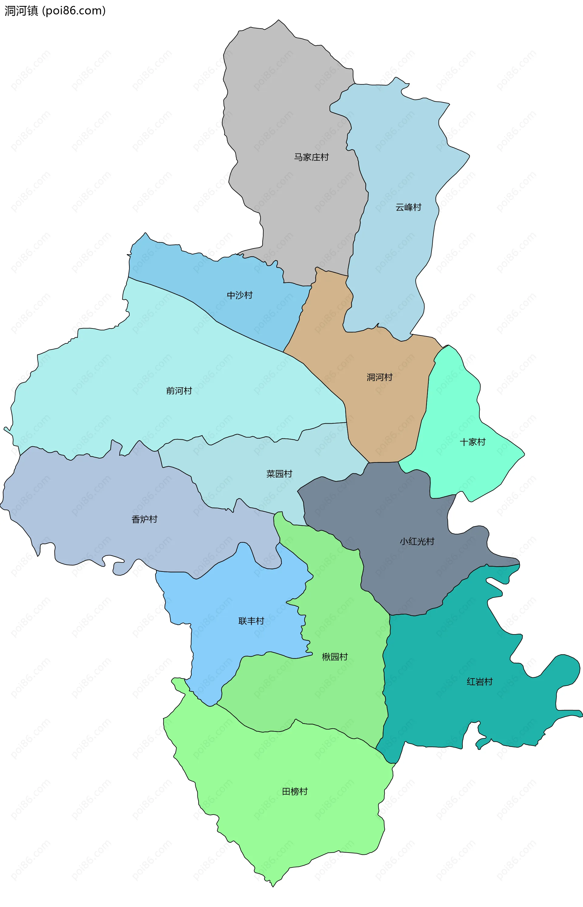 洞河镇边界地图(五级行政区划)