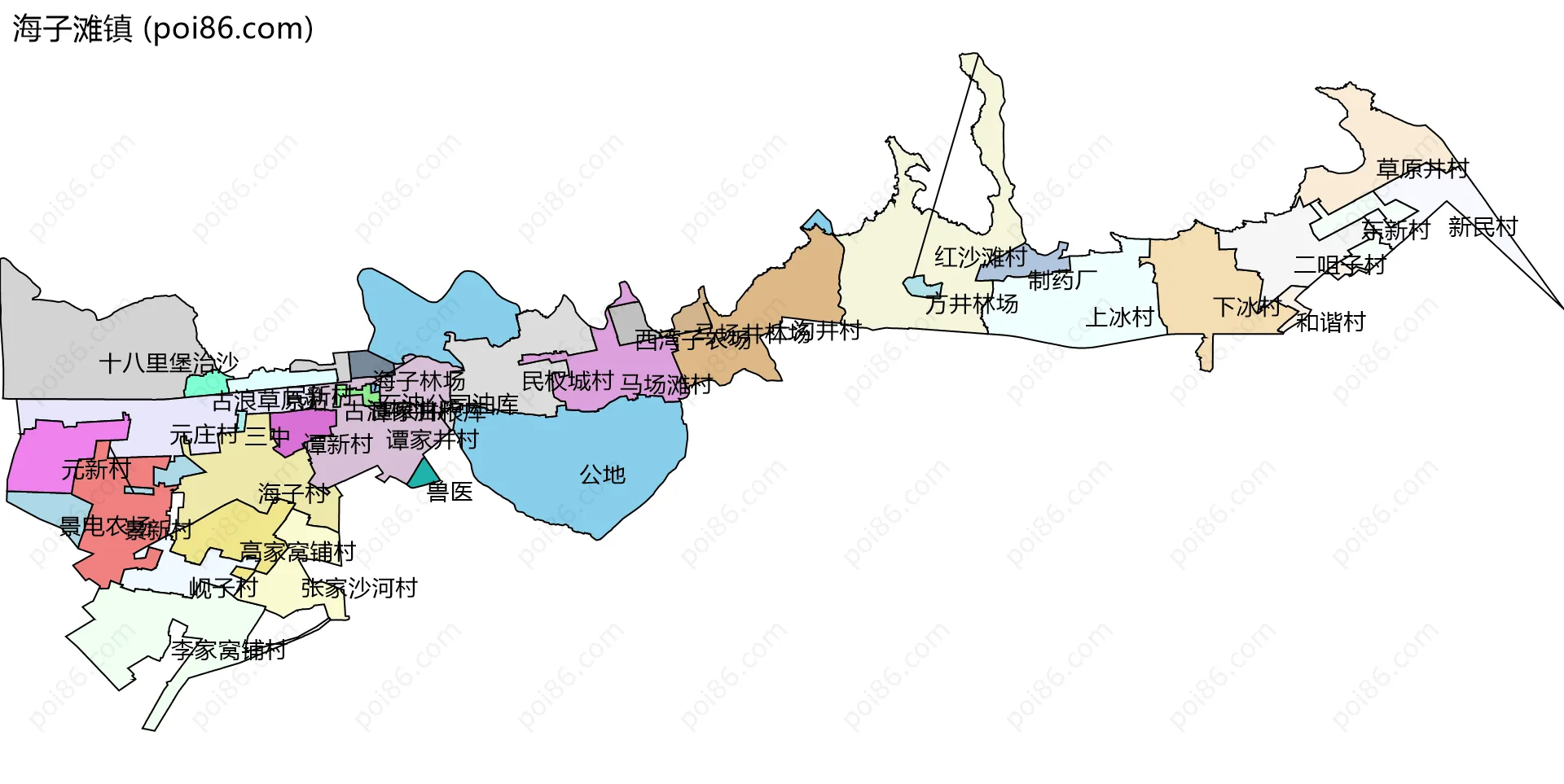 海子滩镇边界地图(五级行政区划)