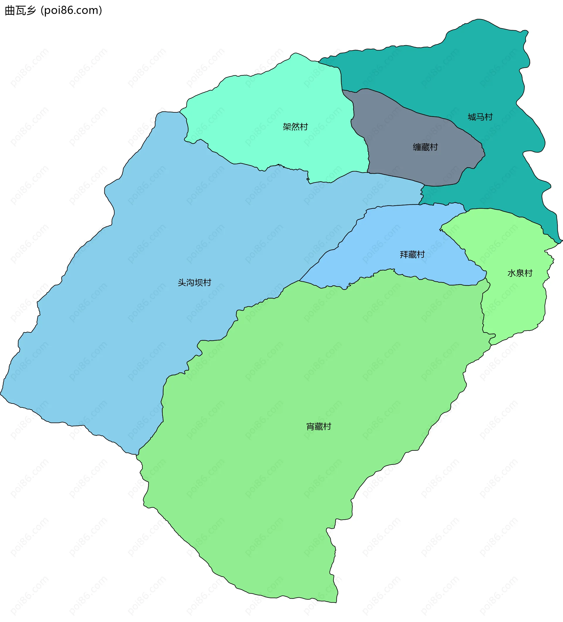 曲瓦乡边界地图(五级行政区划)