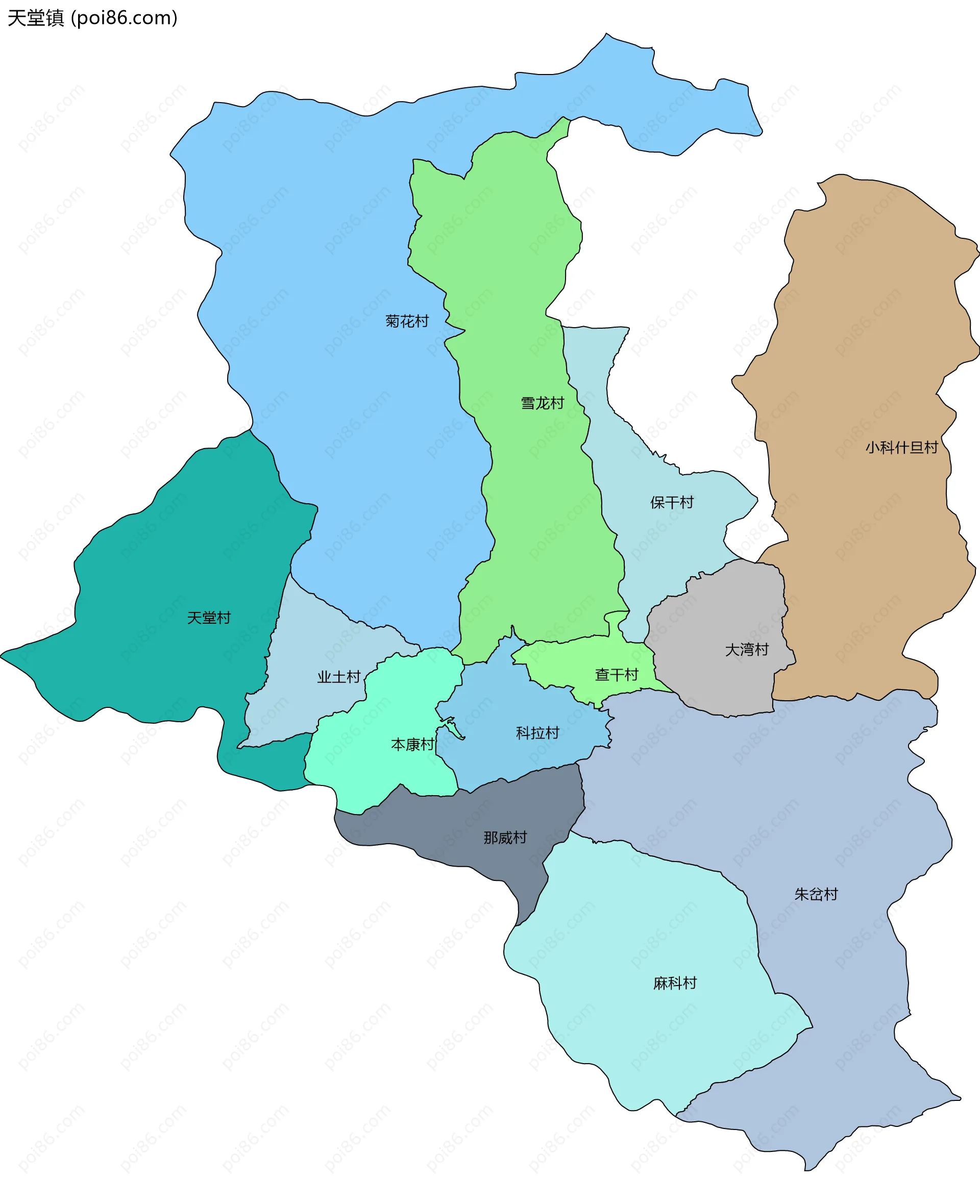 天堂镇边界地图(五级行政区划)