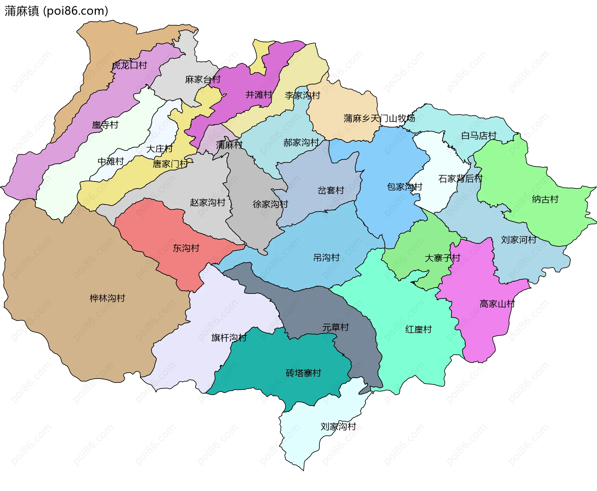 蒲麻镇边界地图(五级行政区划)