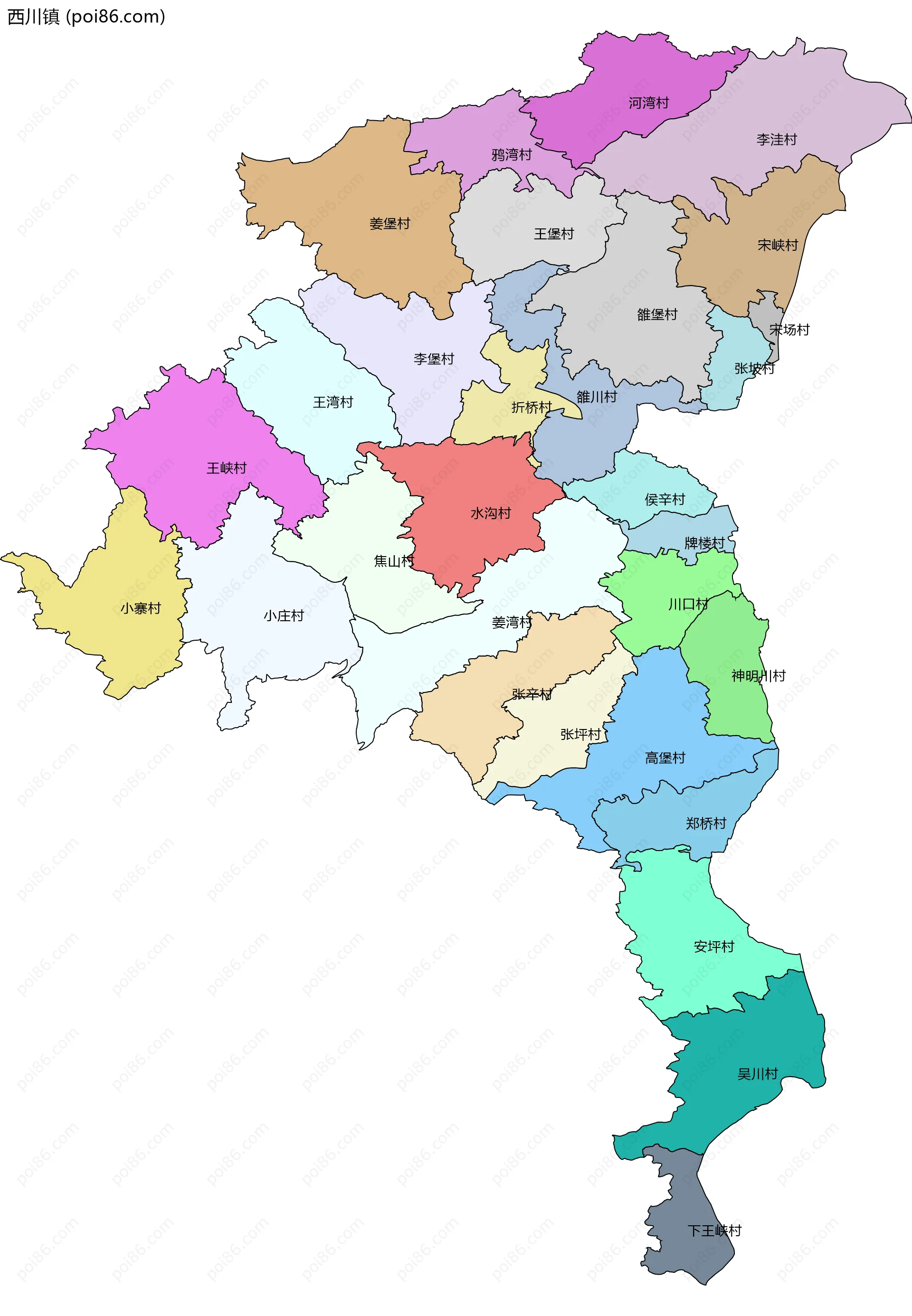 西川镇边界地图(五级行政区划)