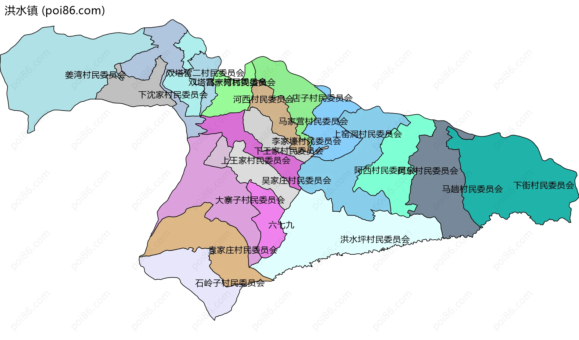 洪水镇边界地图(五级行政区划)