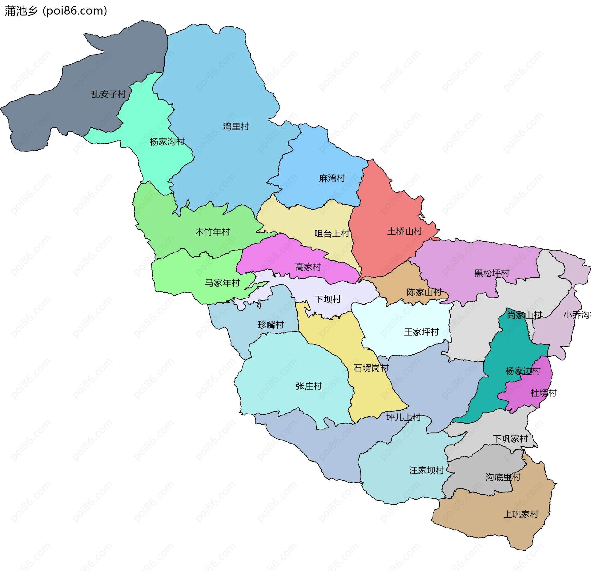 蒲池乡边界地图(五级行政区划)