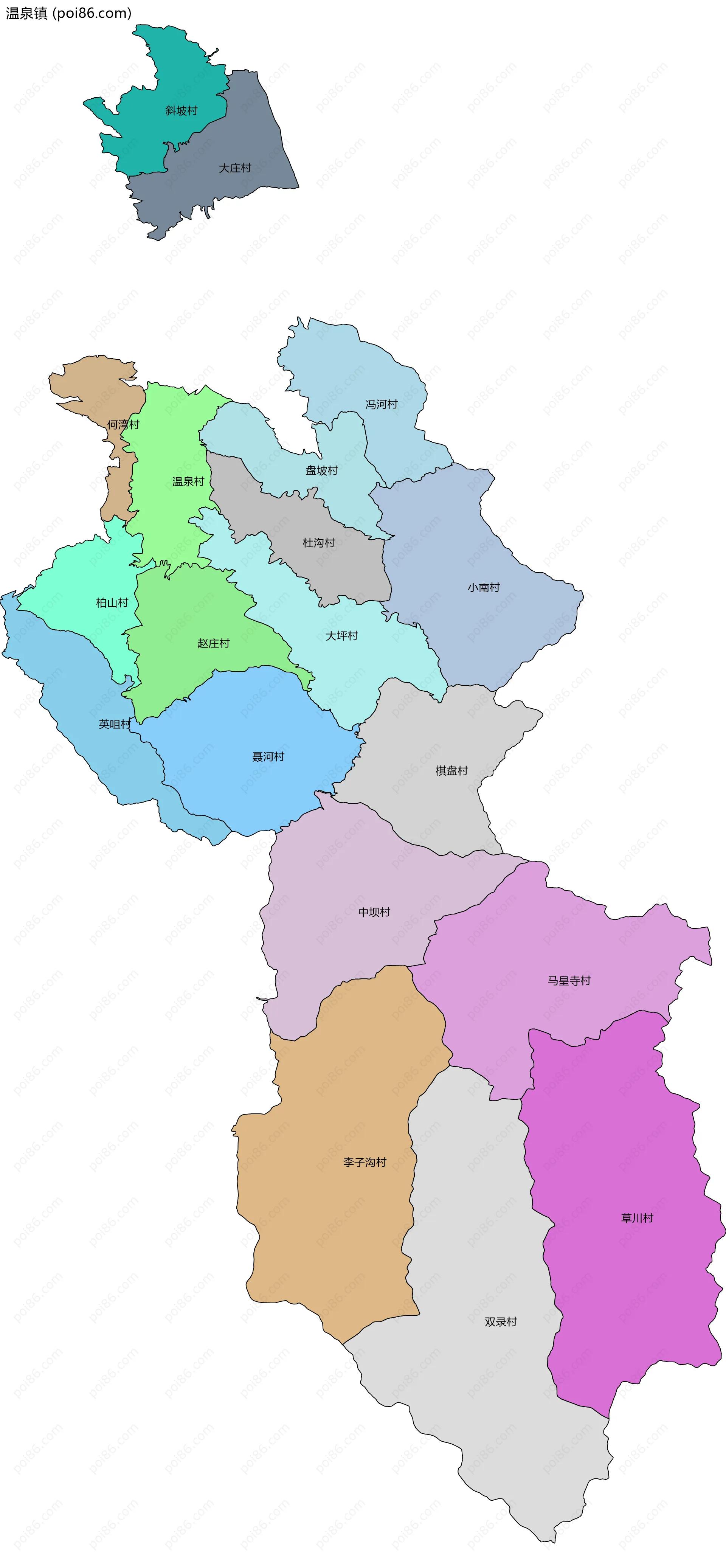 温泉镇边界地图(五级行政区划)