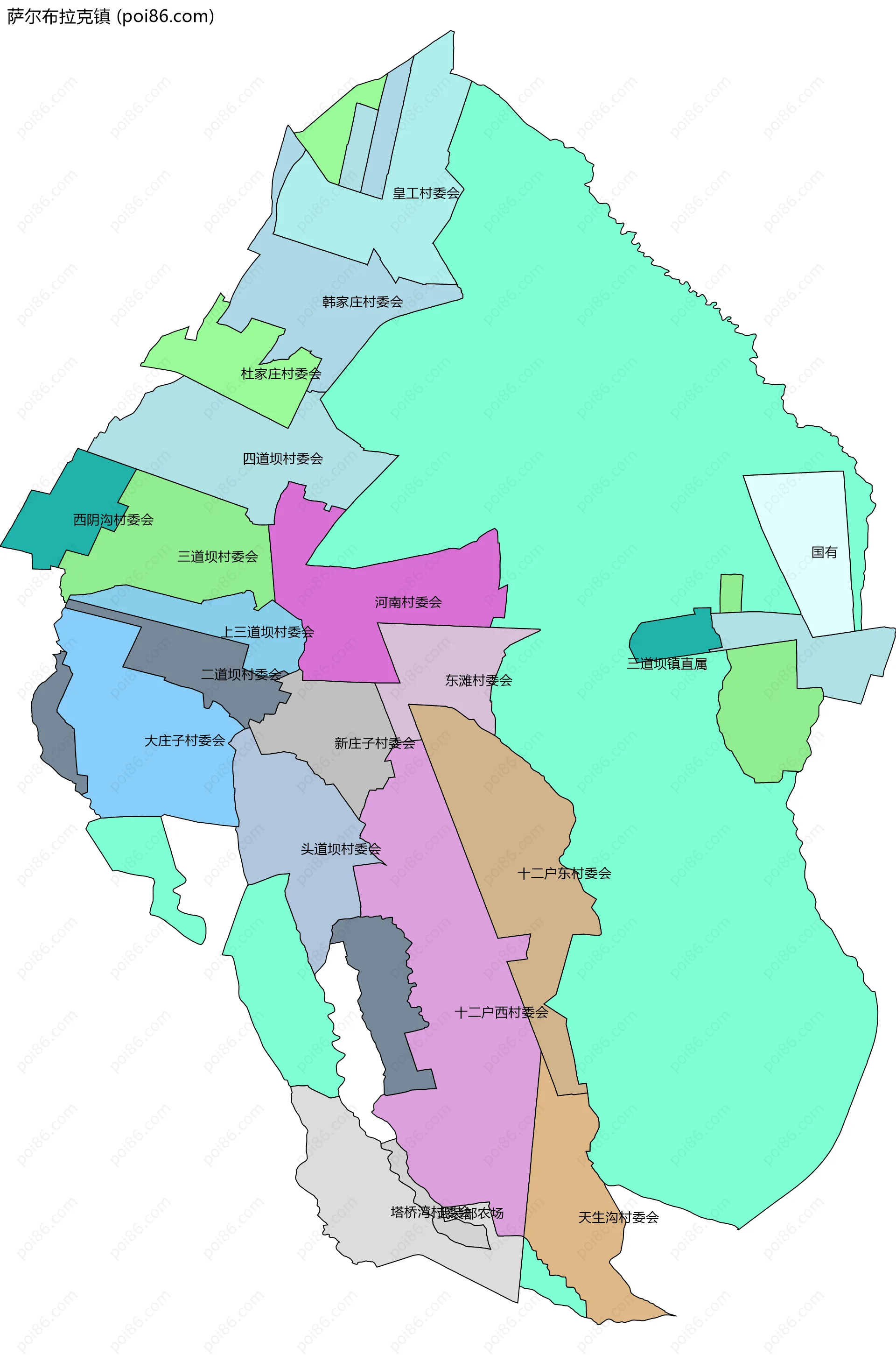 萨尔布拉克镇边界地图(五级行政区划)