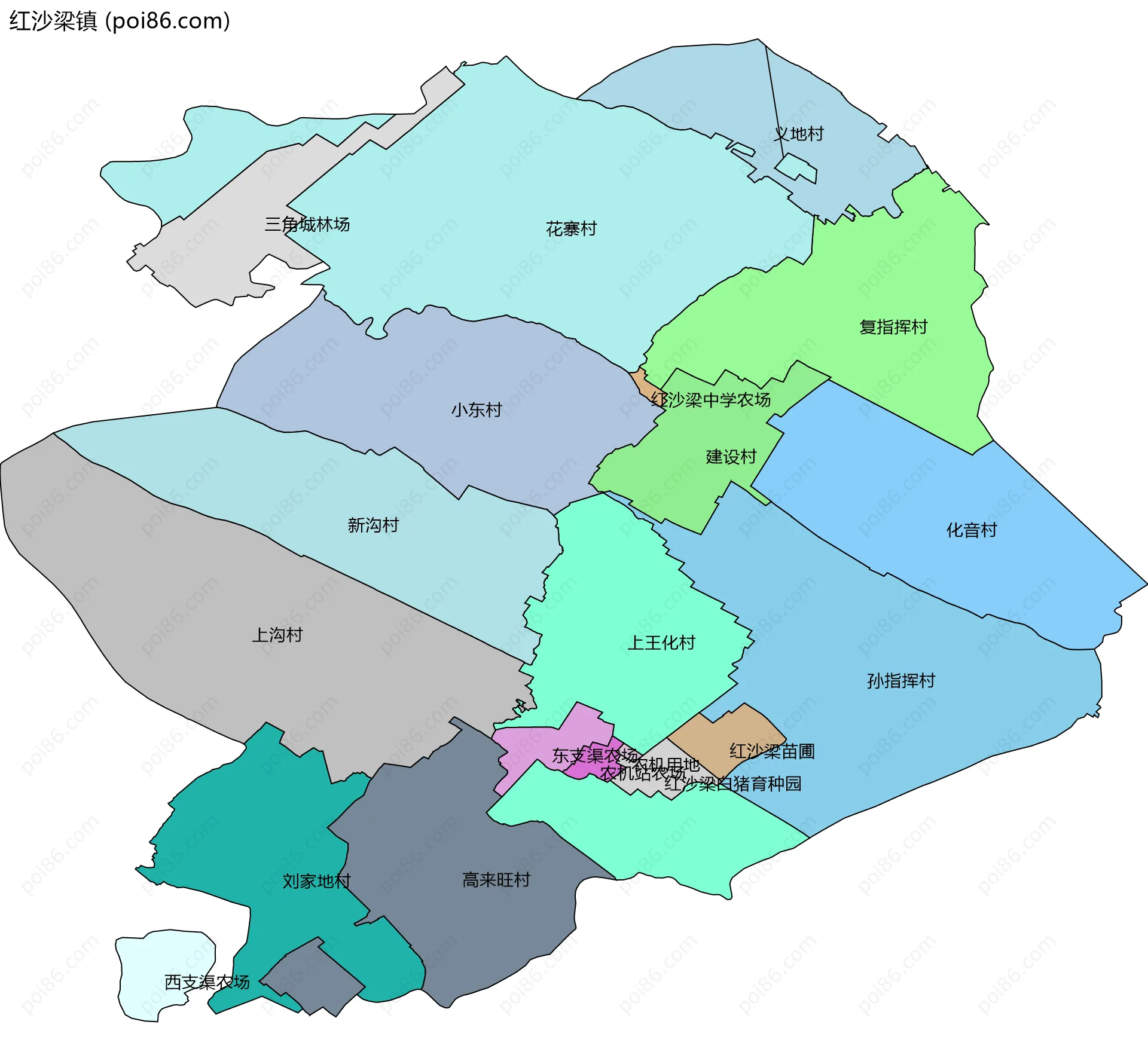 红沙梁镇边界地图(五级行政区划)
