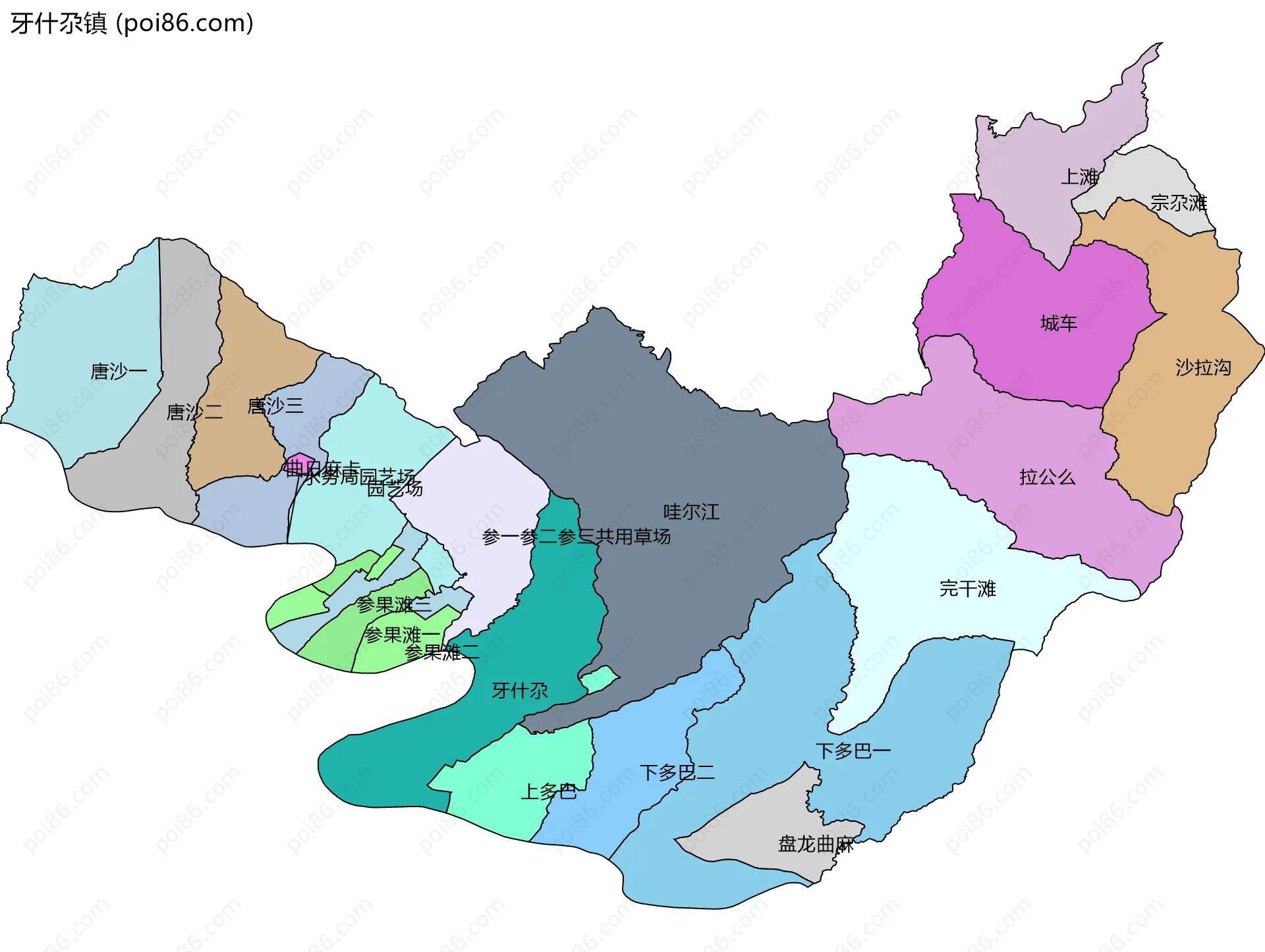 牙什尕镇边界地图(五级行政区划)