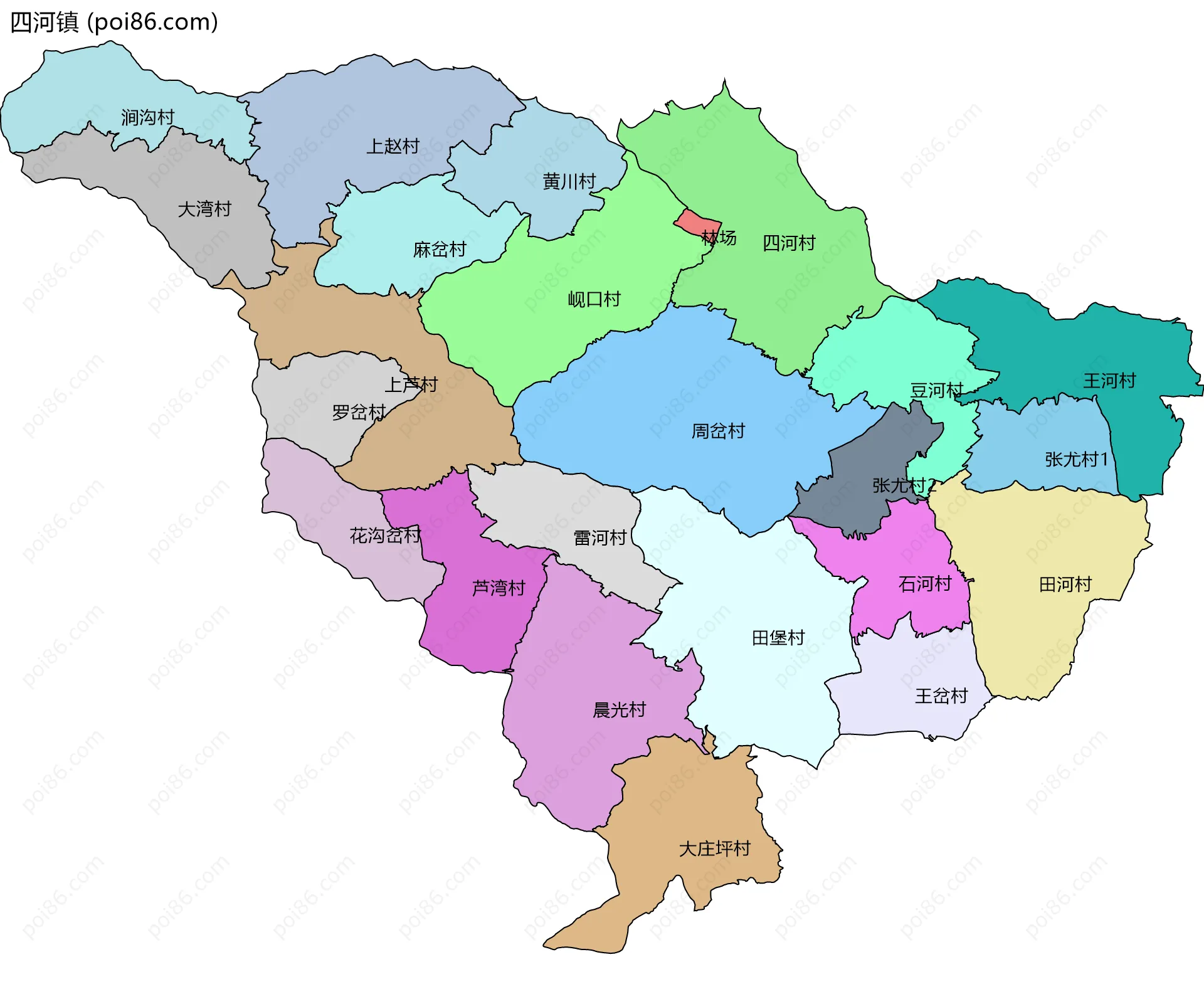 四河镇边界地图(五级行政区划)