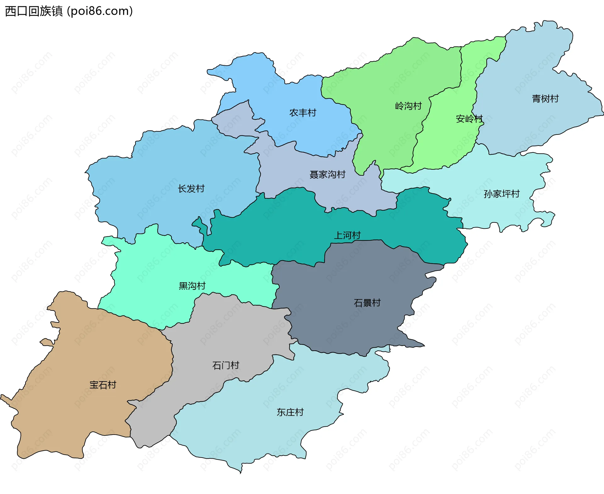 西口回族镇边界地图(五级行政区划)