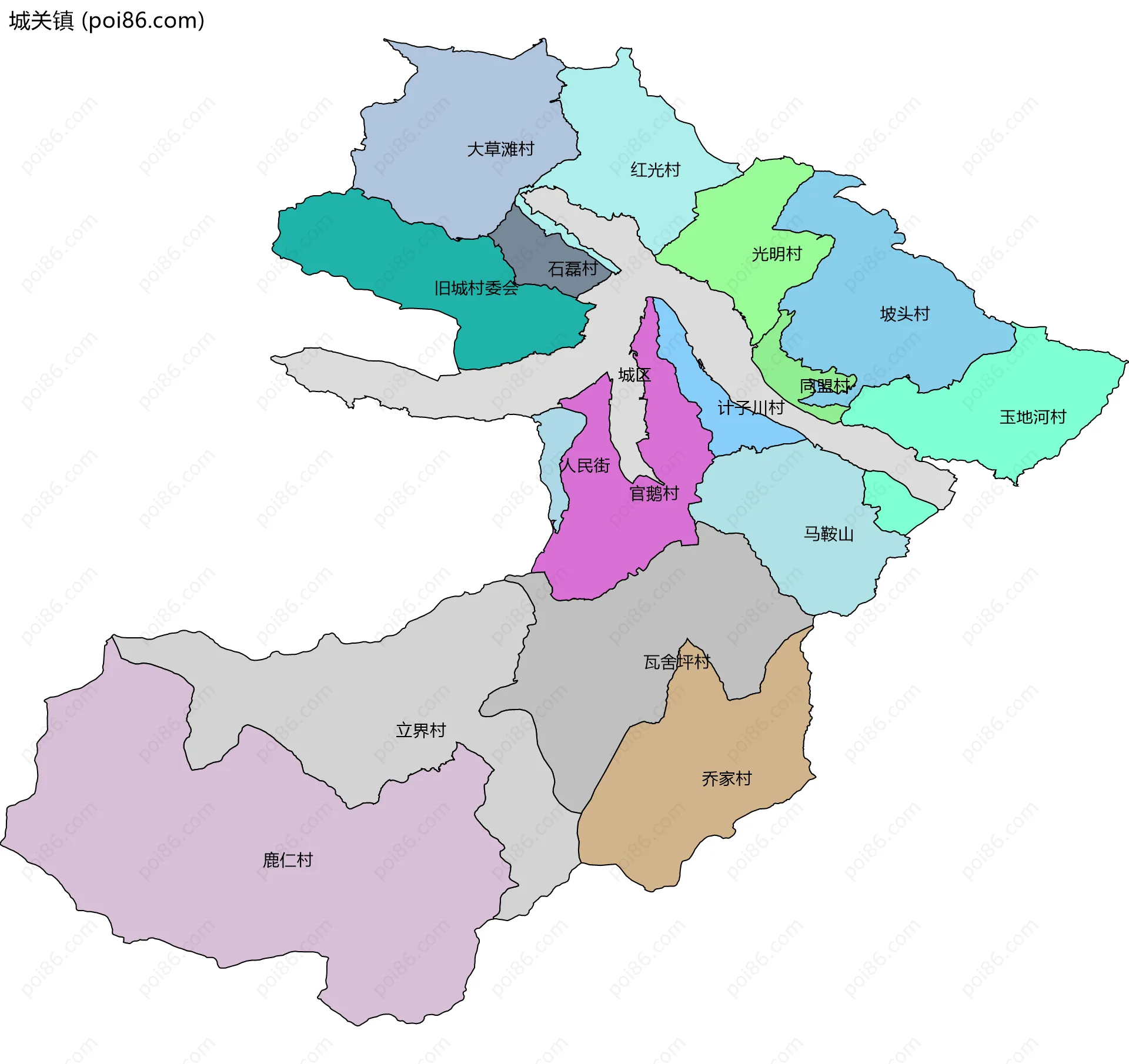 城关镇边界地图(五级行政区划)