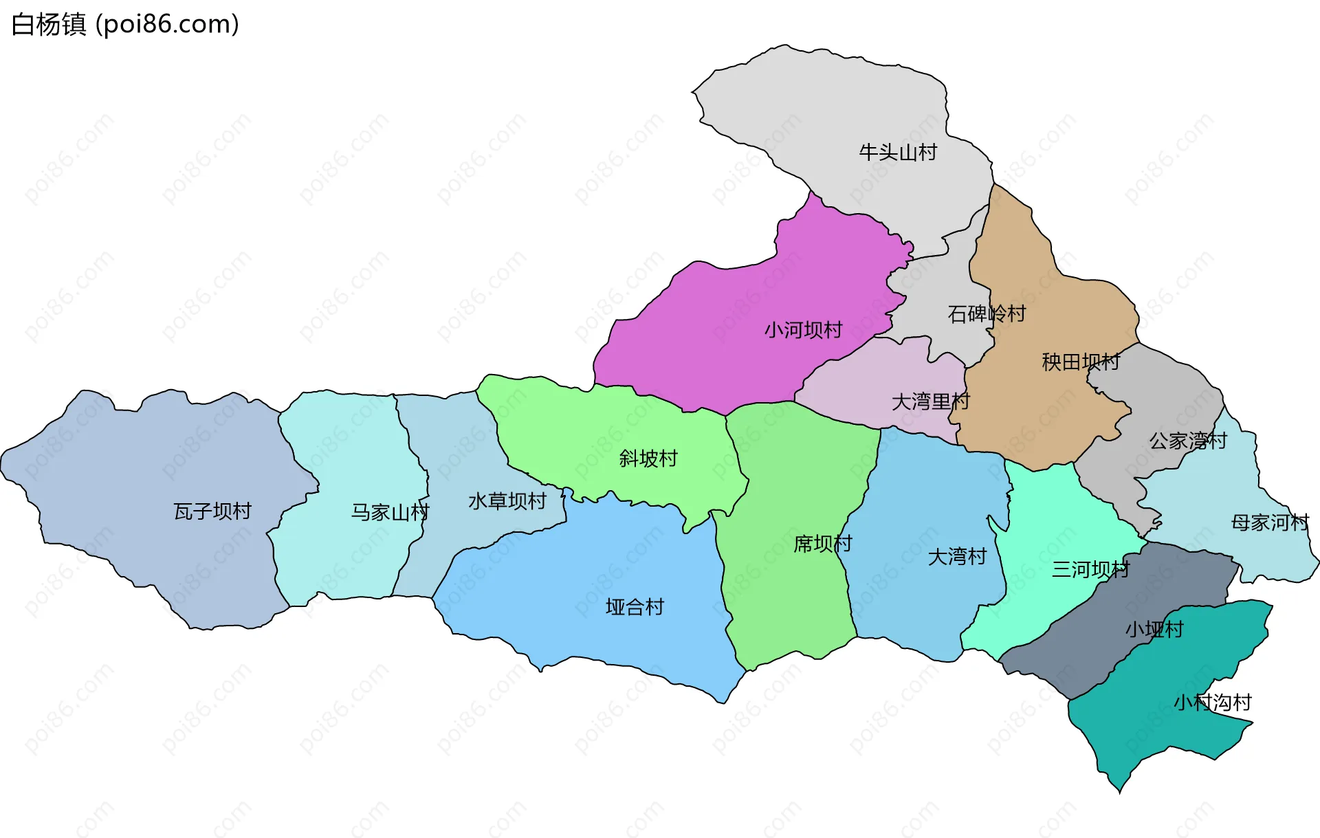 白杨镇边界地图(五级行政区划)