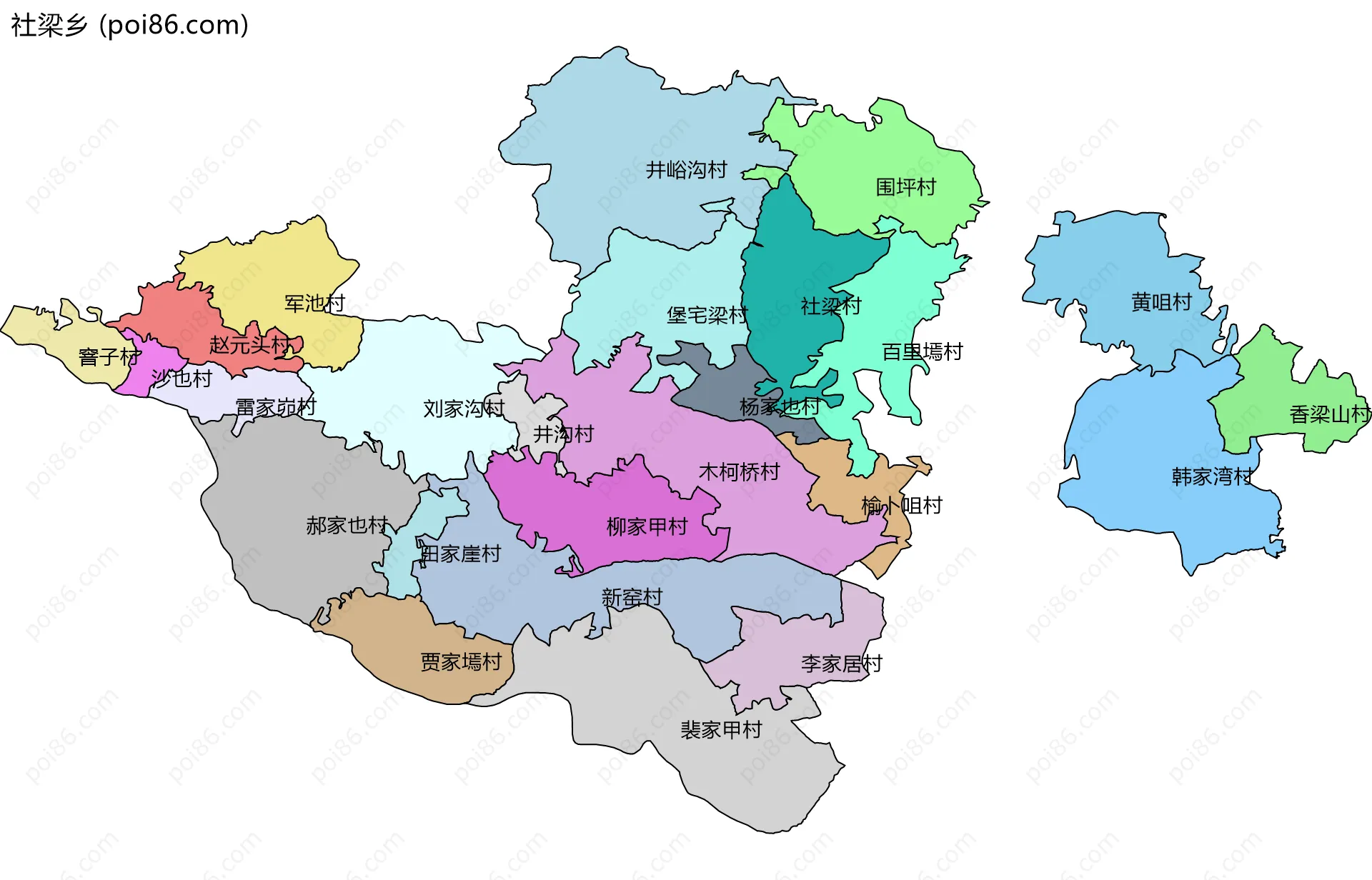 社梁乡边界地图(五级行政区划)