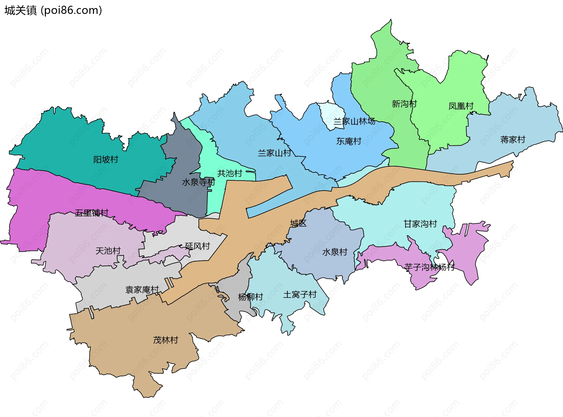 城关镇边界地图(五级行政区划)