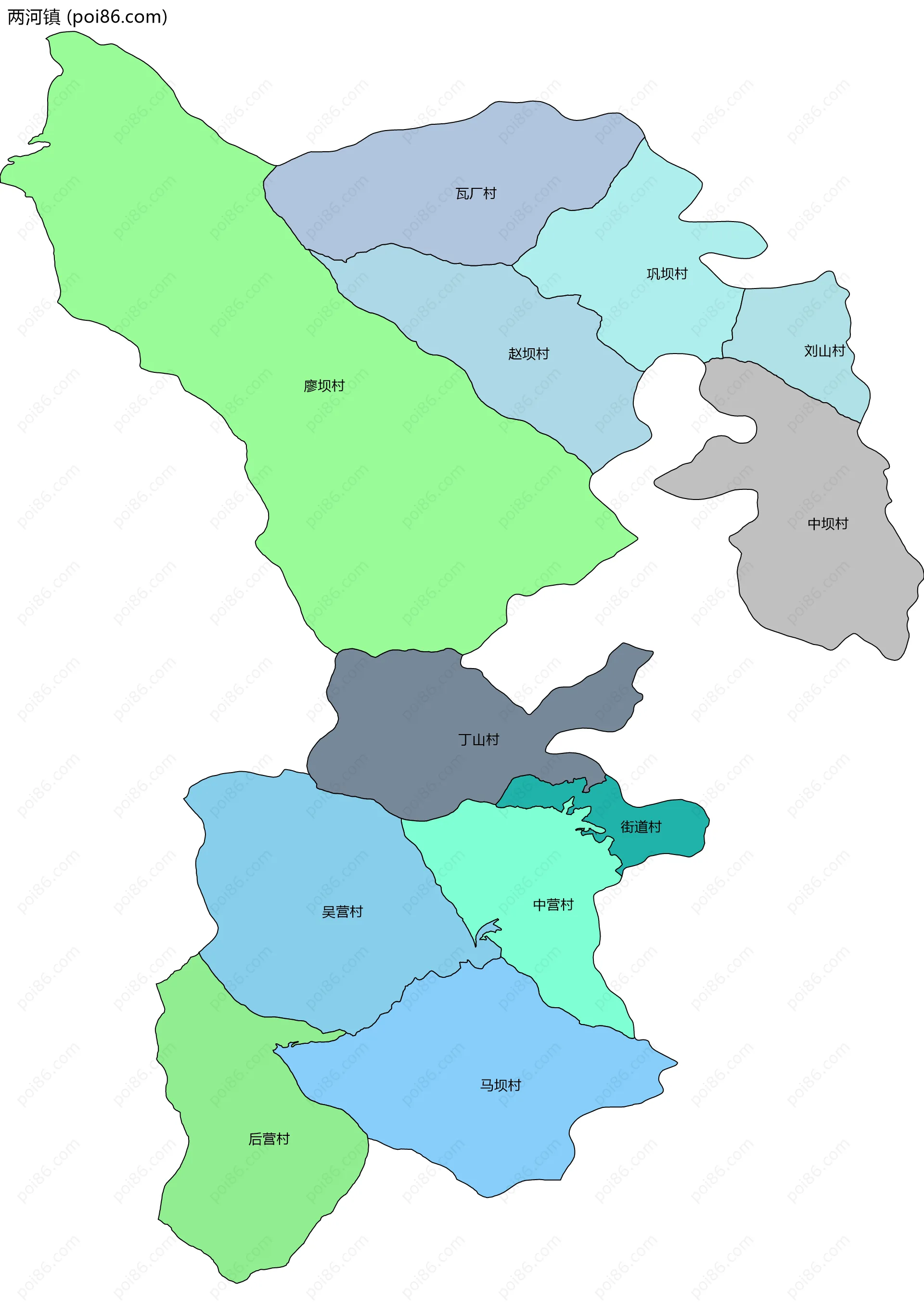 两河镇边界地图(五级行政区划)