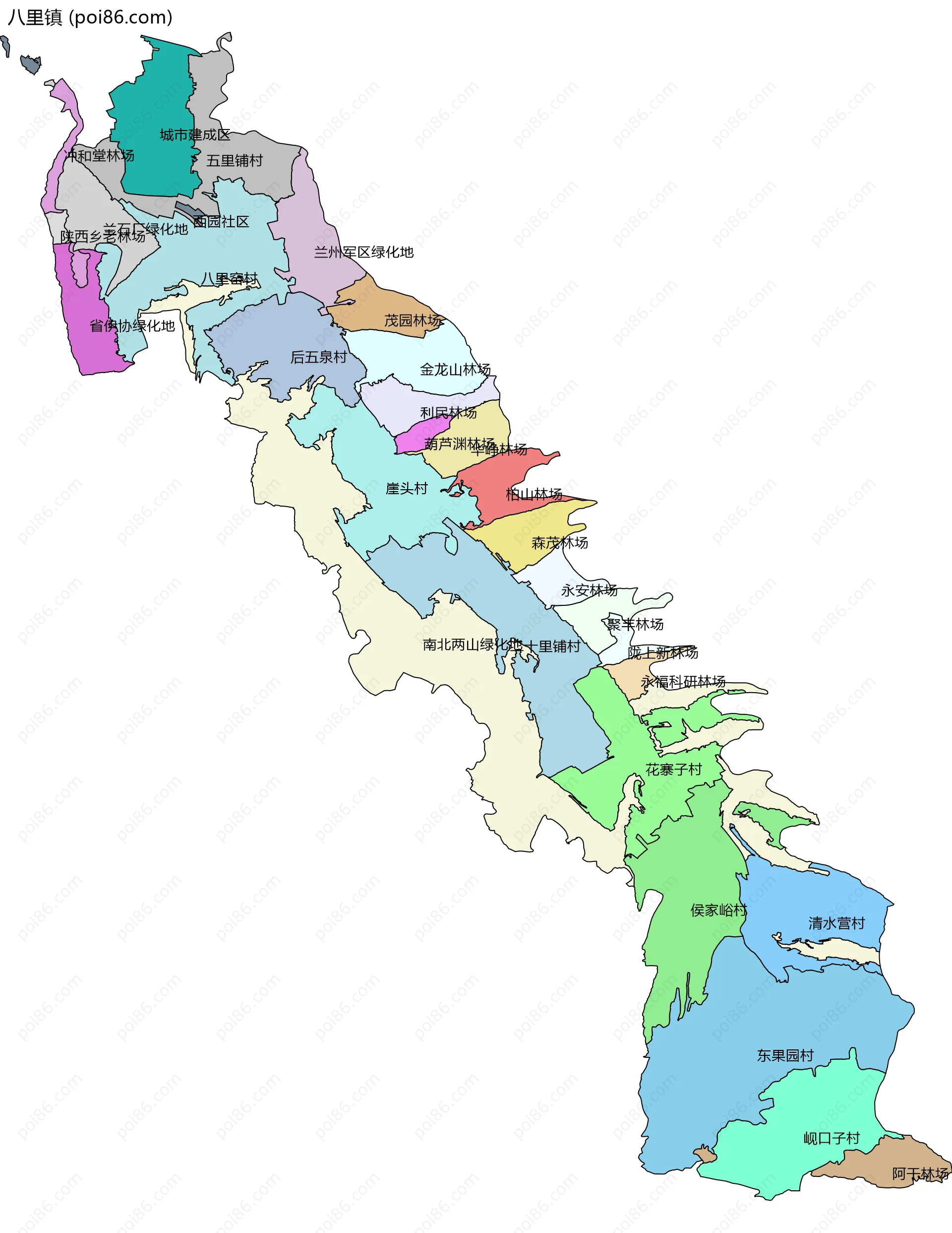 八里镇边界地图(五级行政区划)