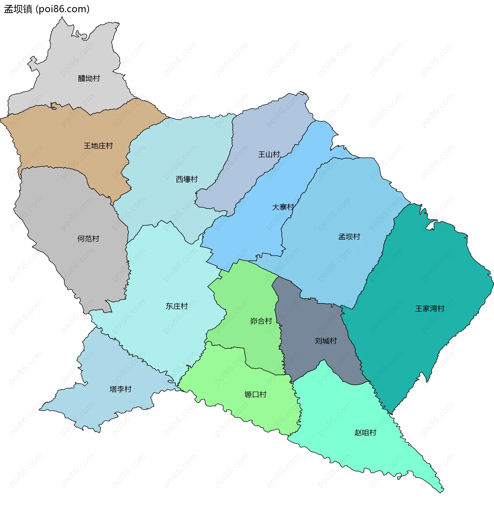 孟坝镇边界地图(五级行政区划)