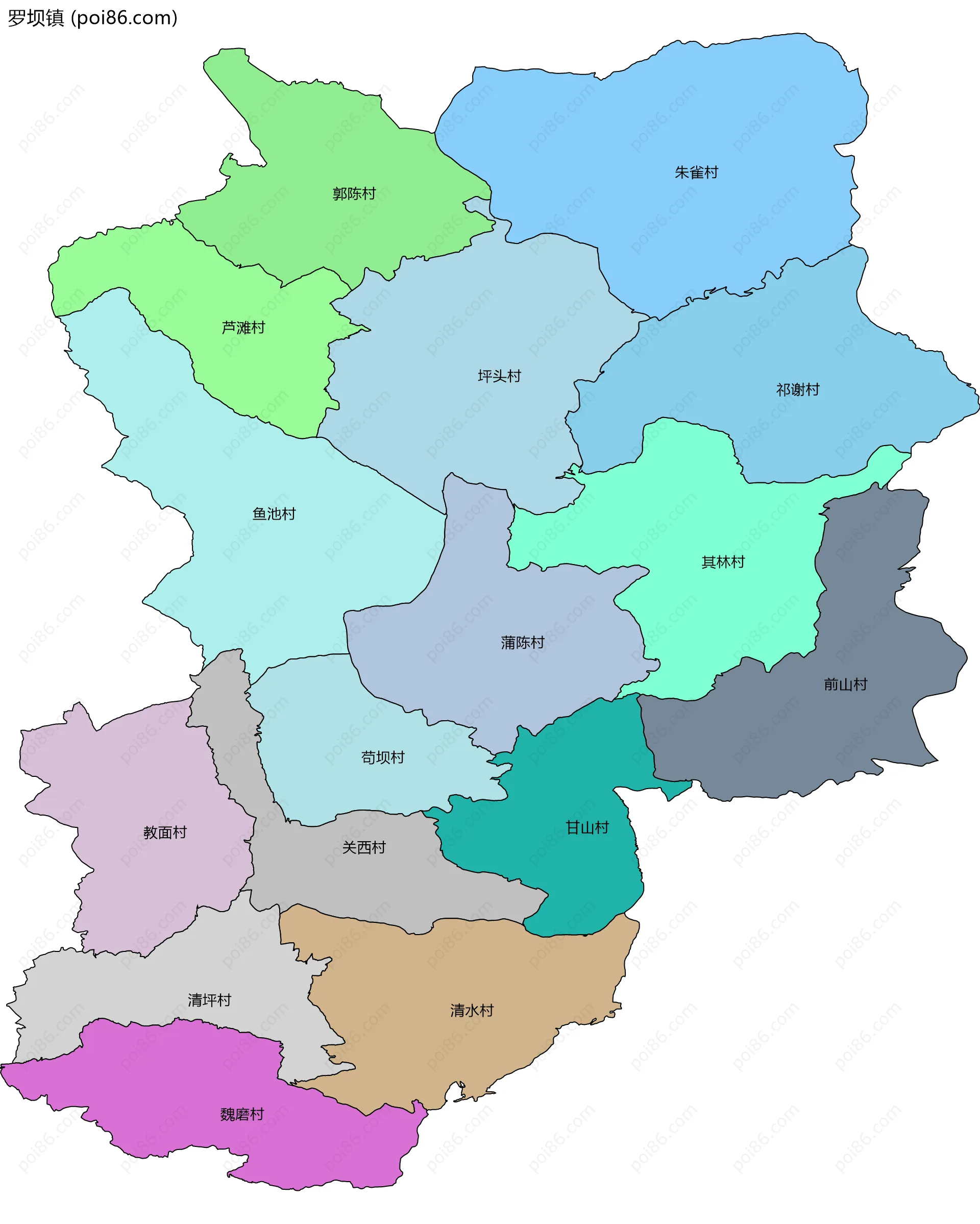 罗坝镇边界地图(五级行政区划)