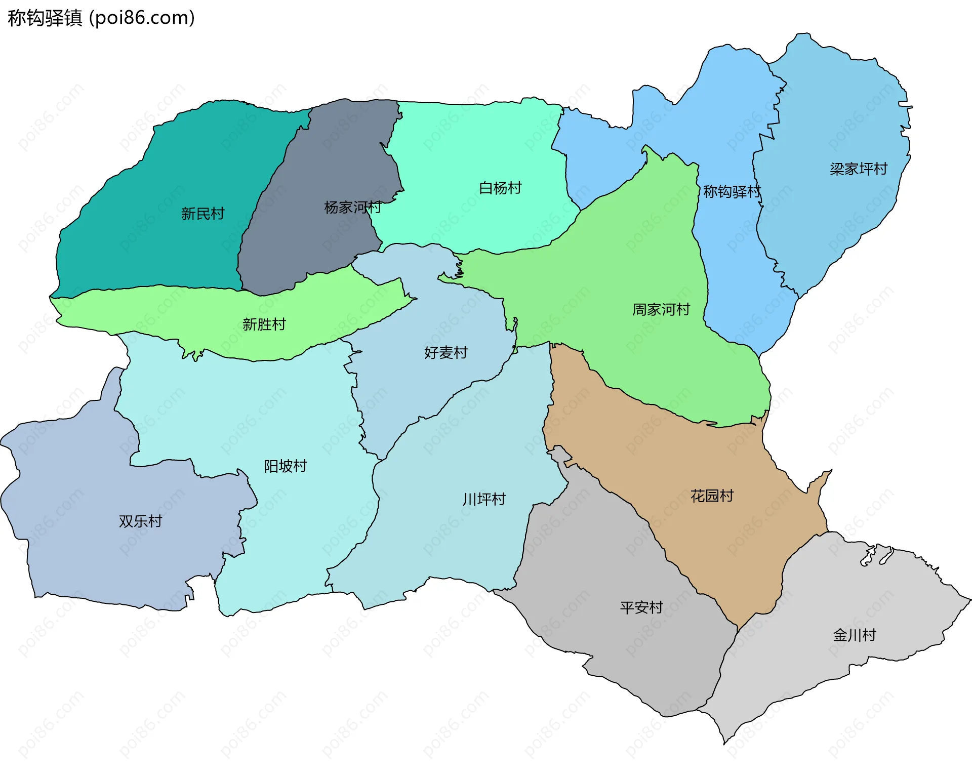 称钩驿镇边界地图(五级行政区划)
