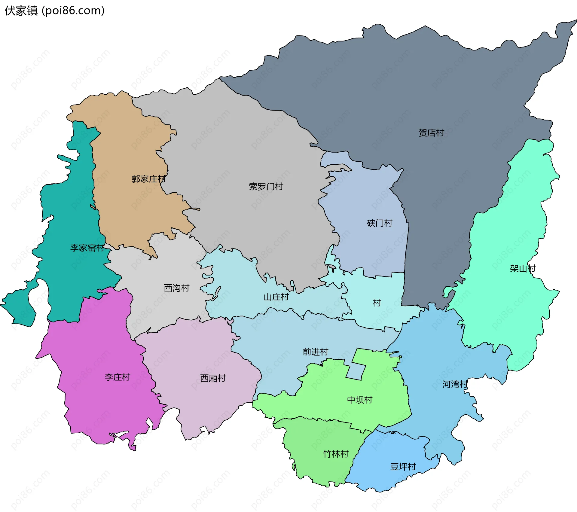 伏家镇边界地图(五级行政区划)
