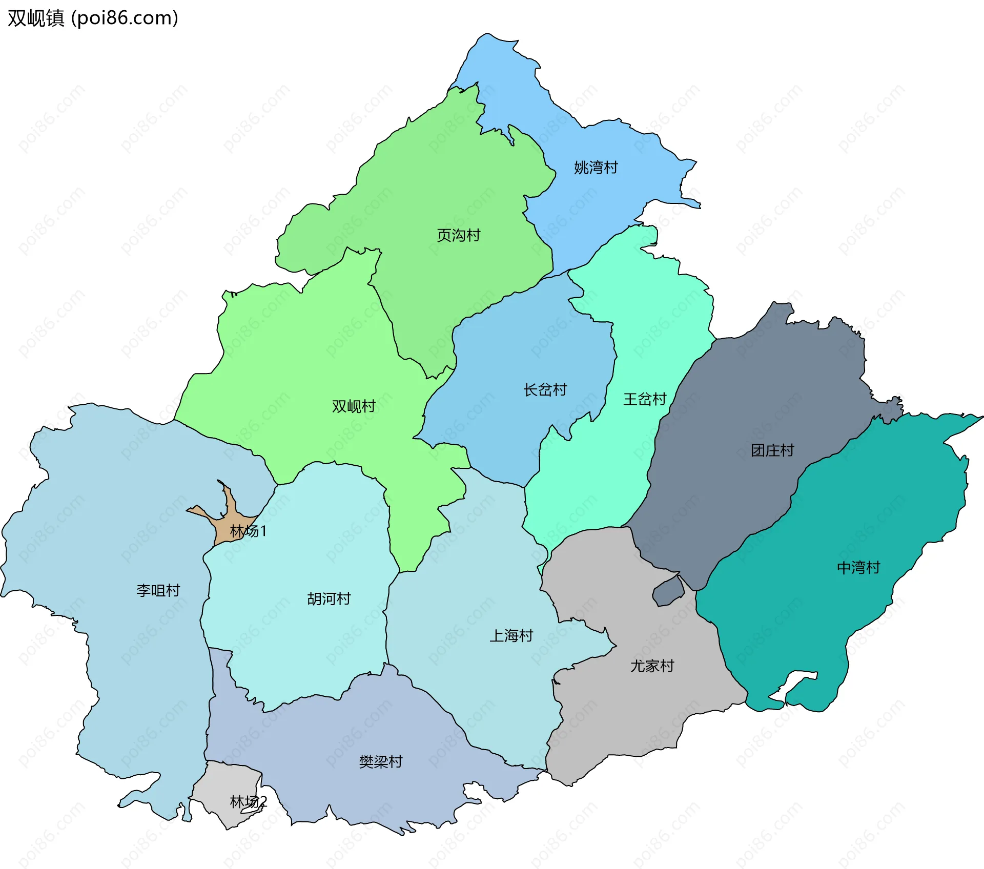 双岘镇边界地图(五级行政区划)