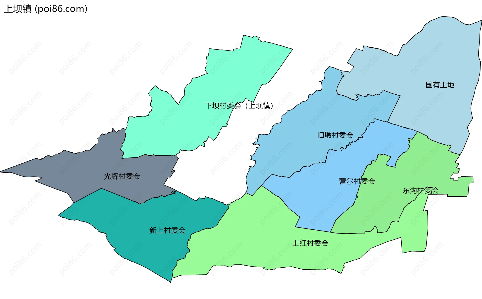 上坝镇边界地图(五级行政区划)