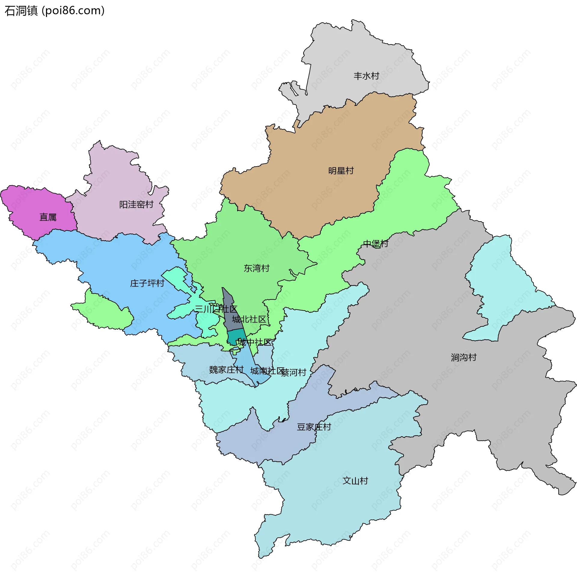 石洞镇边界地图(五级行政区划)