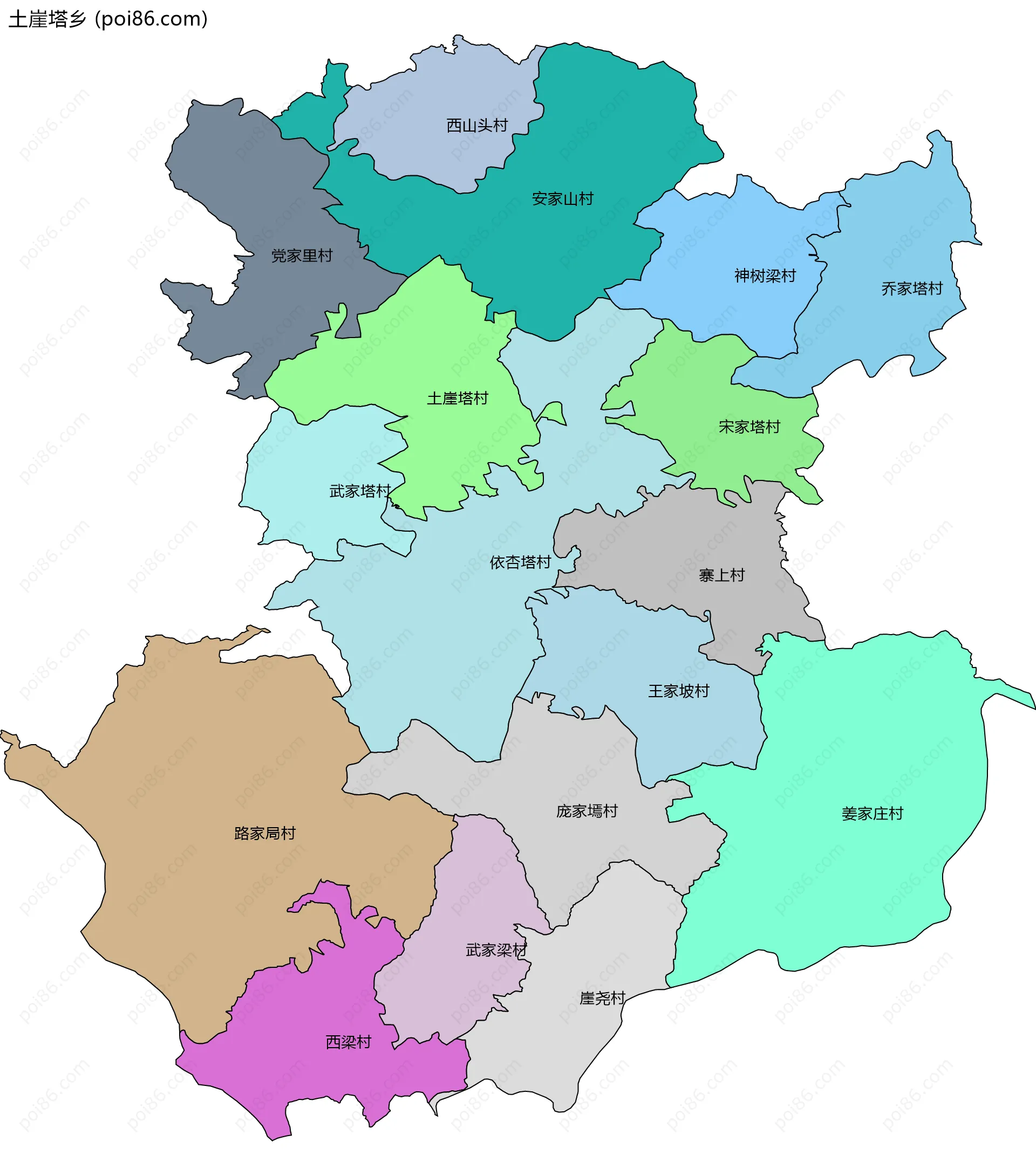 土崖塔乡边界地图(五级行政区划)