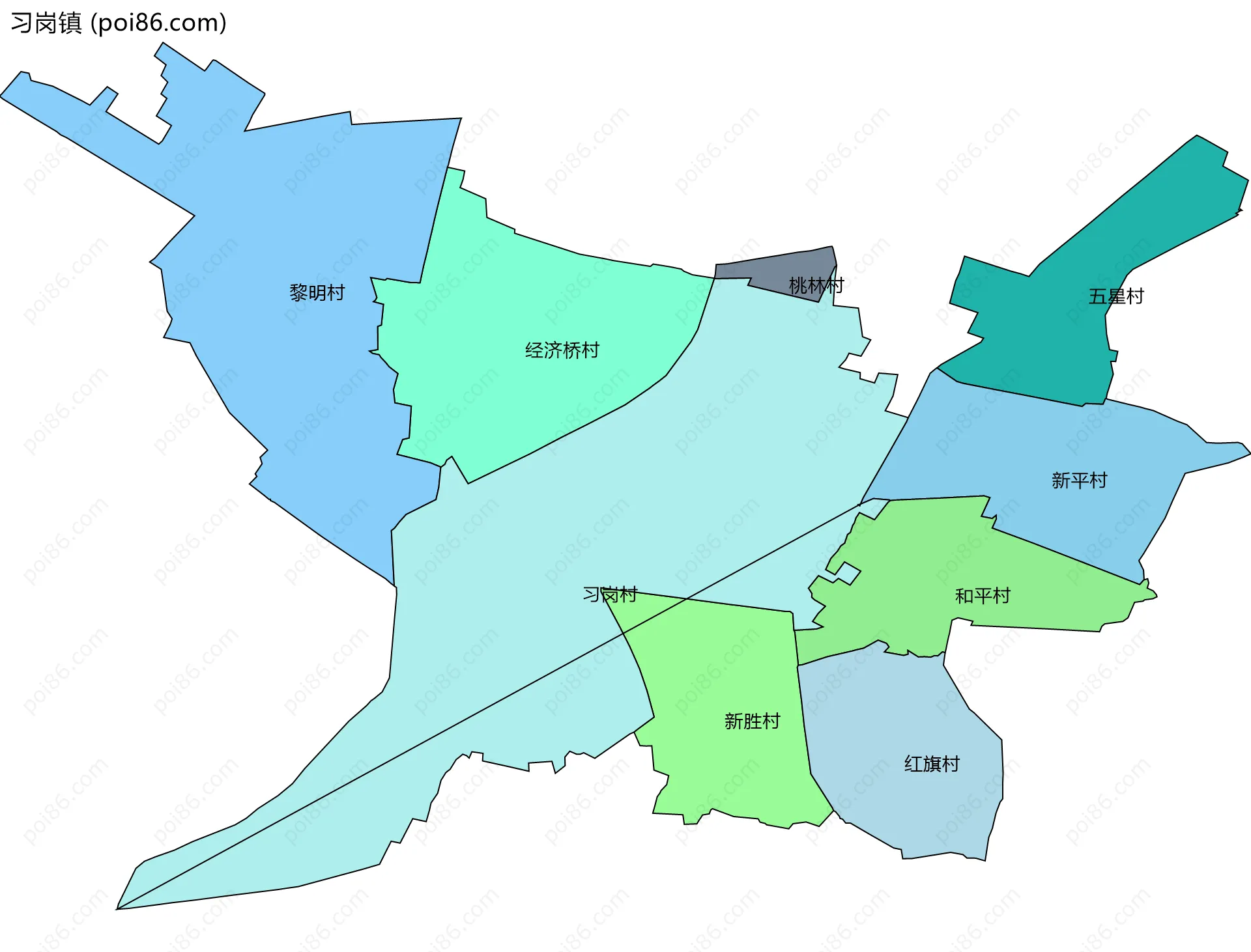 习岗镇边界地图(五级行政区划)