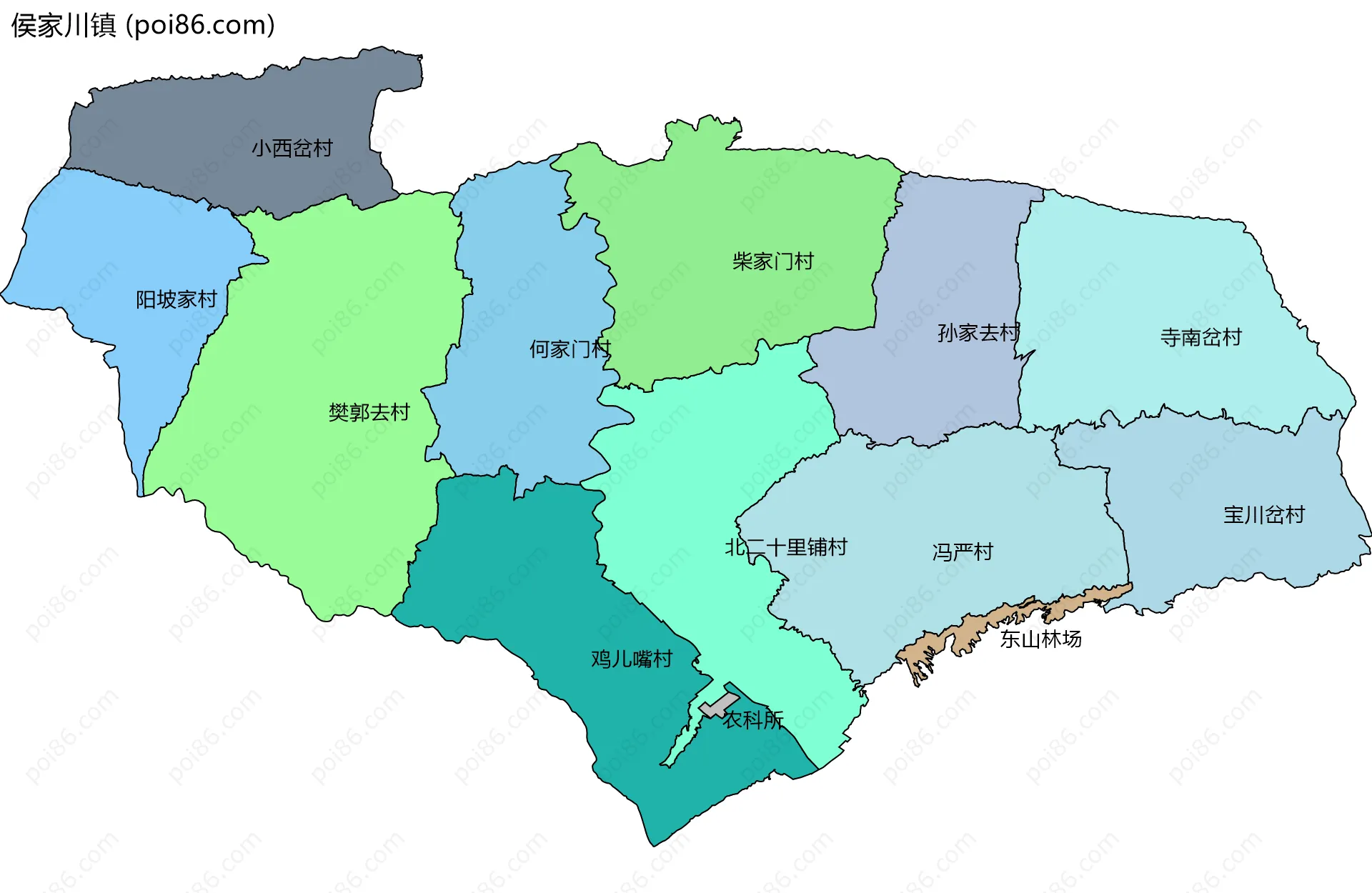 侯家川镇边界地图(五级行政区划)