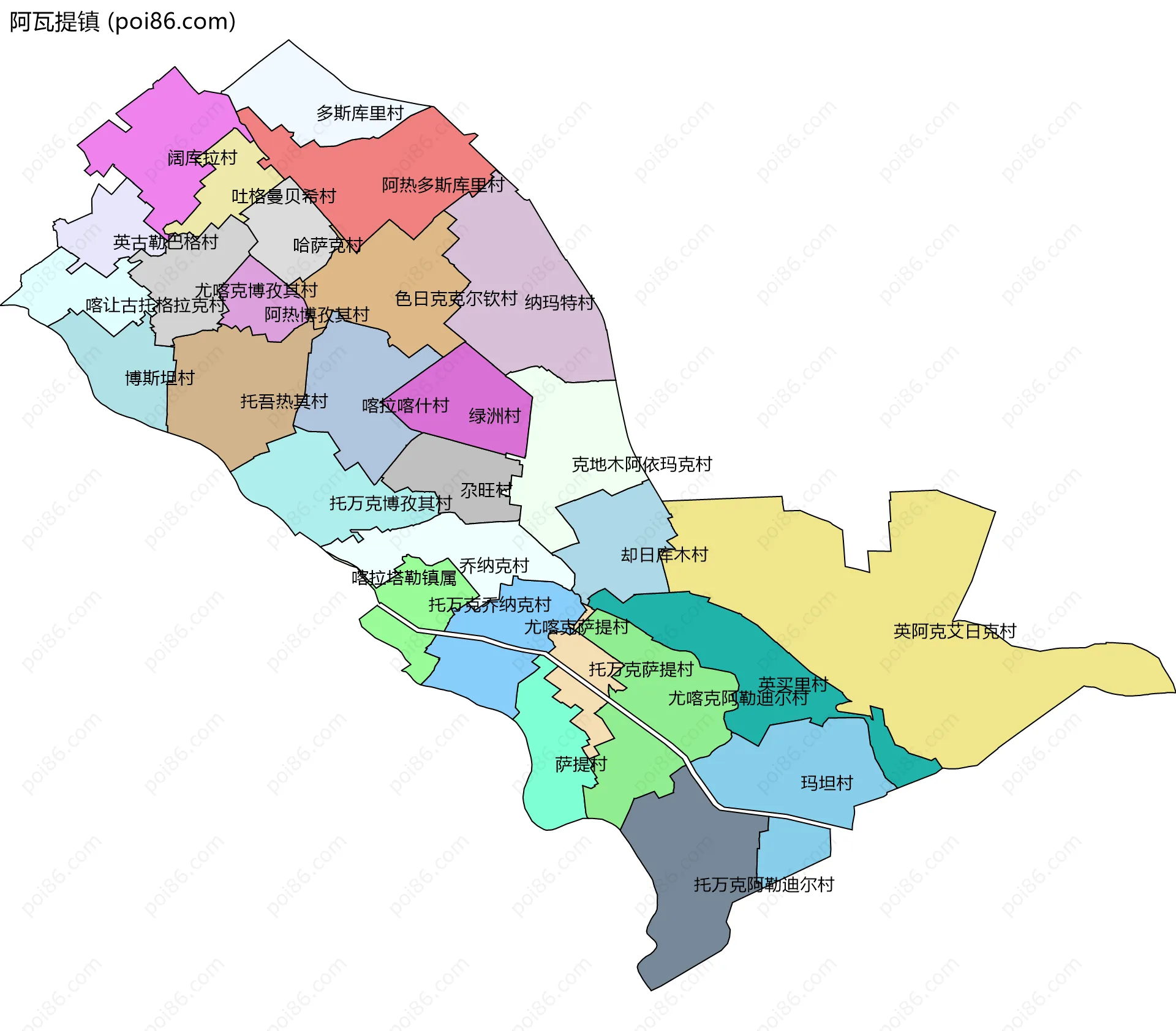 阿瓦提镇边界地图(五级行政区划)