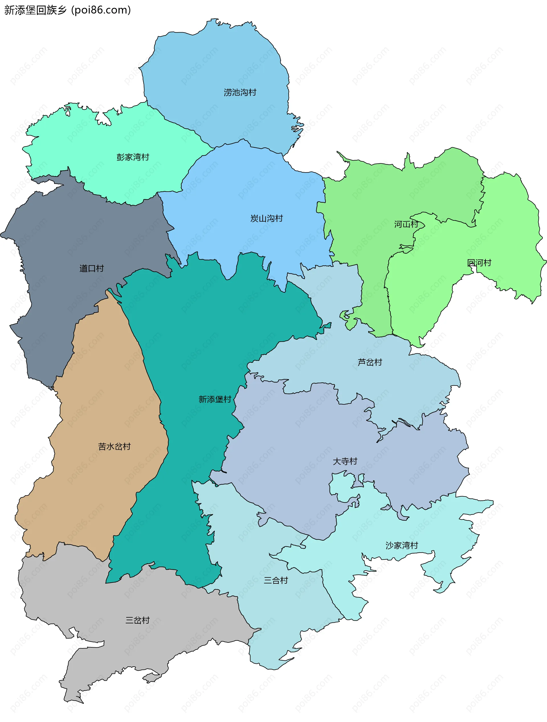 新添堡回族乡边界地图(五级行政区划)