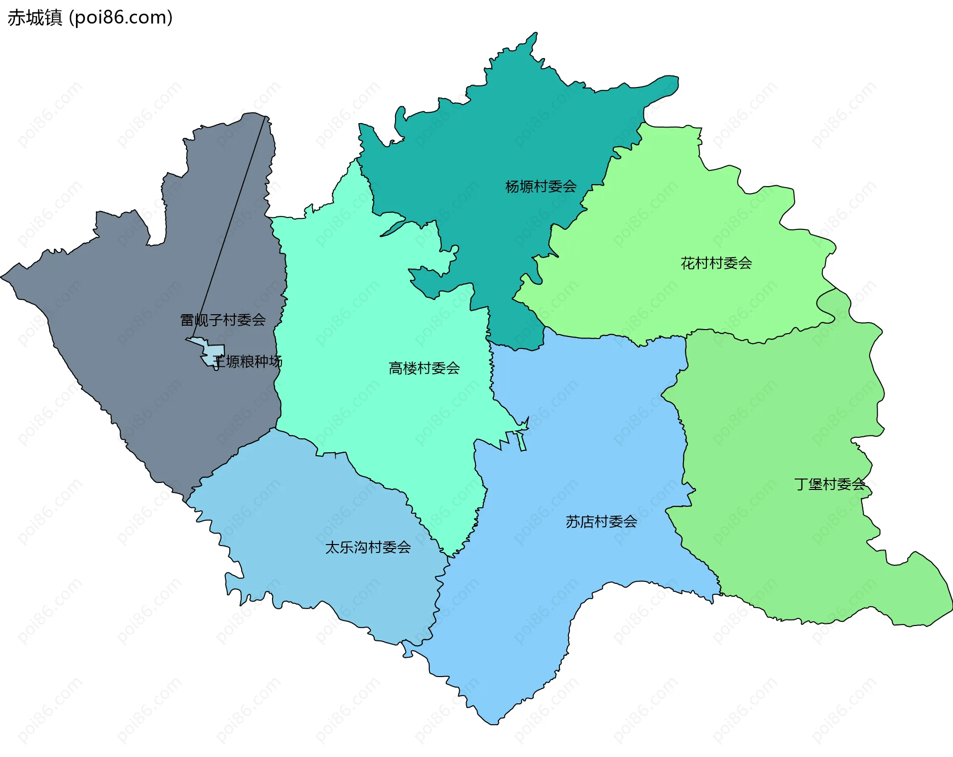 赤城镇边界地图(五级行政区划)